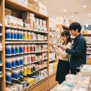 富澤商店のような製菓材料専門店で、カラフルなウィルトンのアイシングカラーを選ぶカップル。