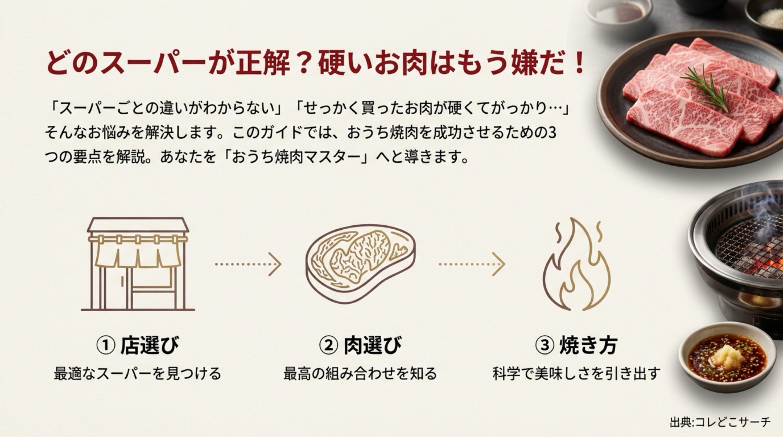 店選び、肉選び、焼き方の3つの要点を解説するインフォグラフィック。