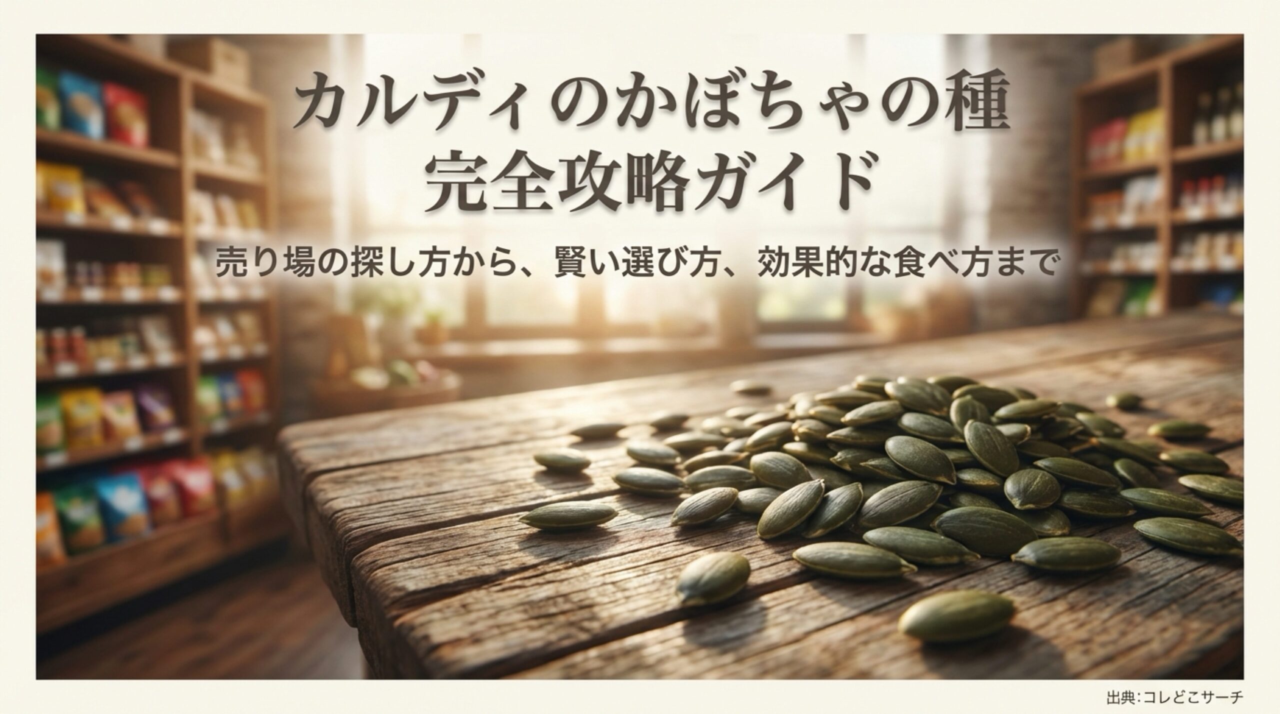 カルディのかぼちゃの種 完全攻略ガイド。売り場の探し方から選び方、効果的な食べ方までを解説した記事の表紙画像。 