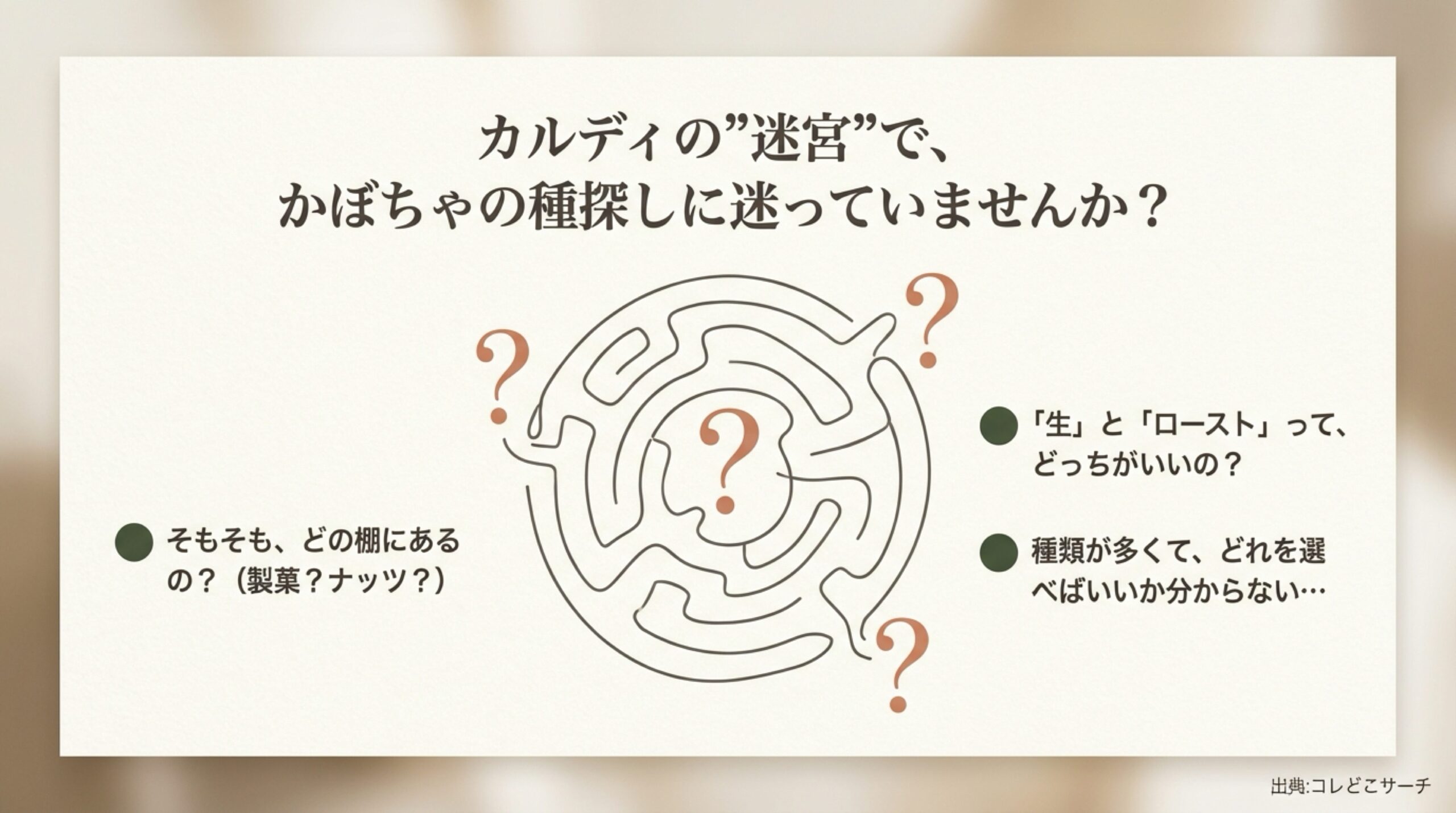 カルディの店内が迷宮のようで、かぼちゃの種がどの棚にあるか、生とローストのどちらが良いか迷っている様子を描いたイラスト。 