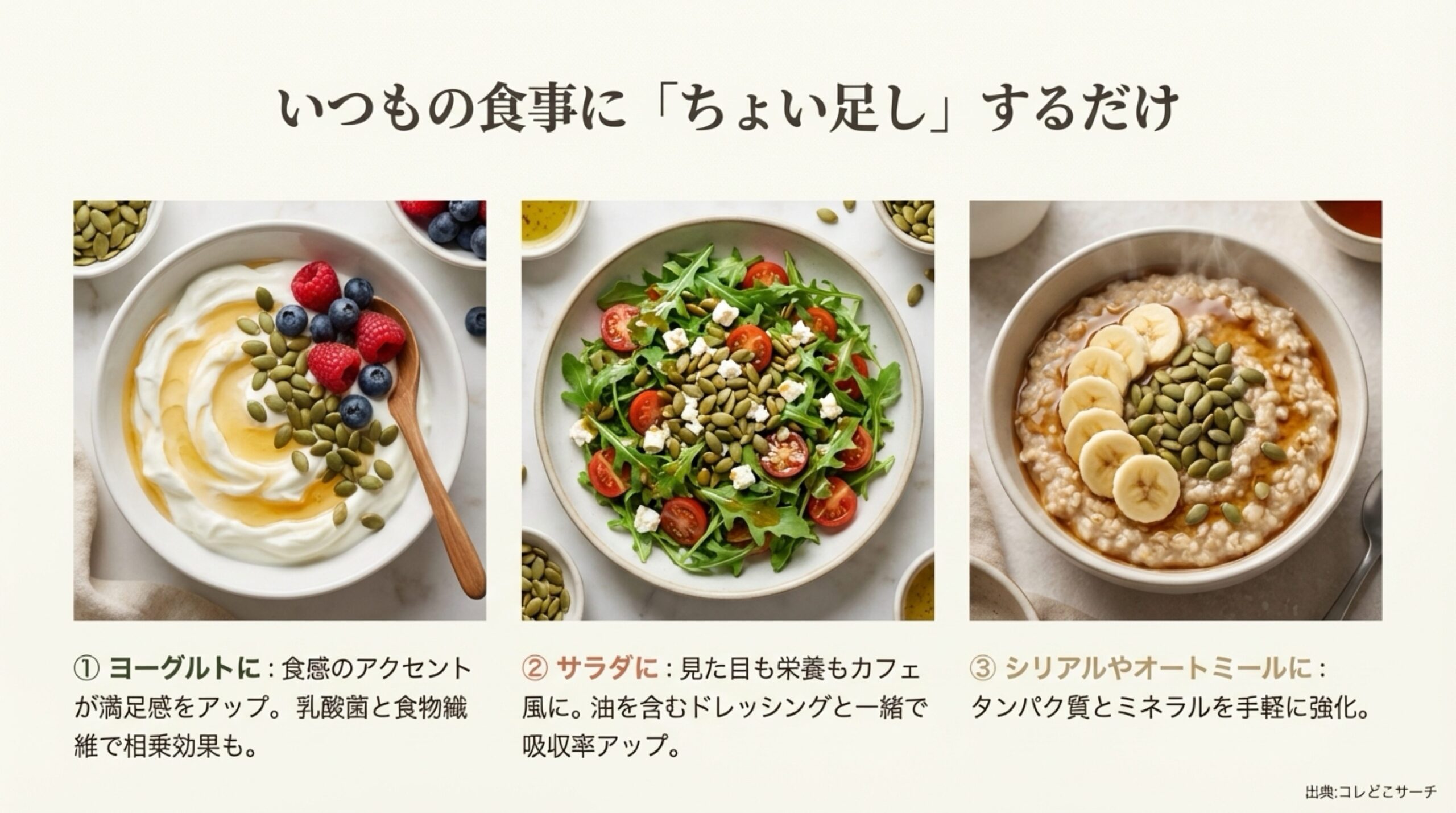 かぼちゃの種の美味しい食べ方3選。ヨーグルトへのトッピング、サラダへの追加、シリアルやオートミールへのちょい足しを紹介。 