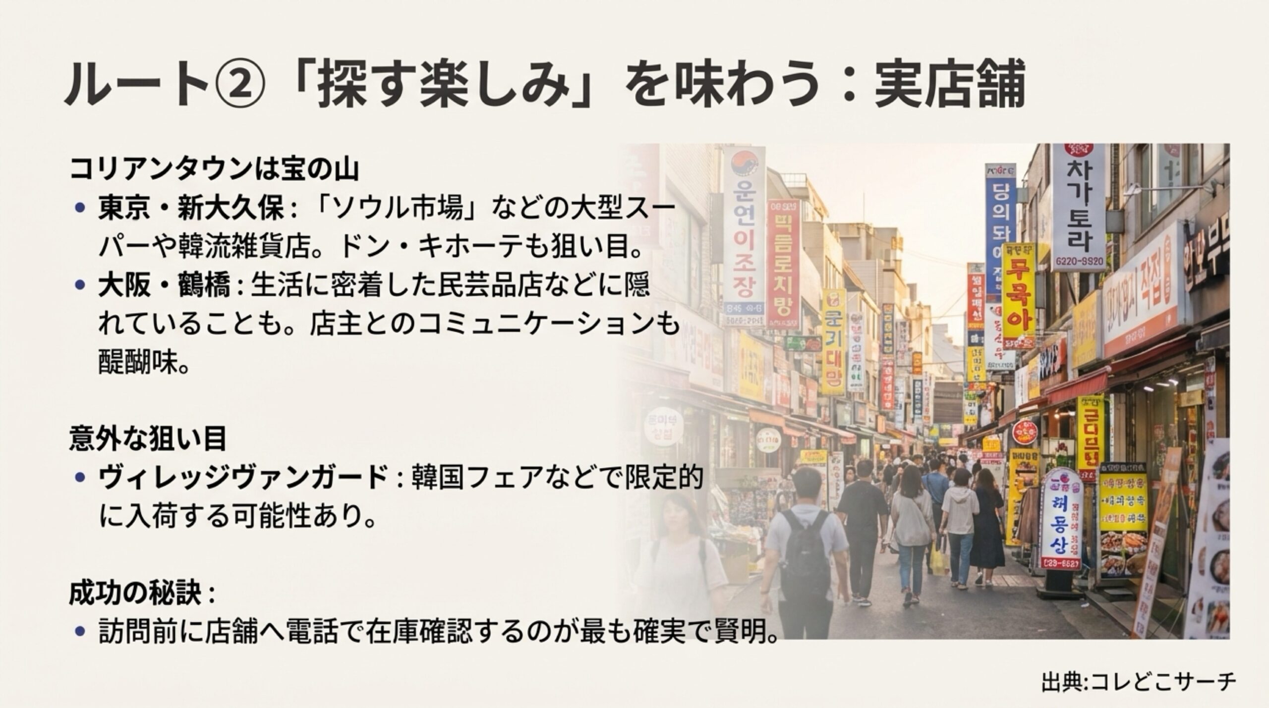 韓国の街並みの写真と共に、新大久保や鶴橋の店舗、ヴィレッジヴァンガードなど実店舗での探し方のコツを紹介するスライド