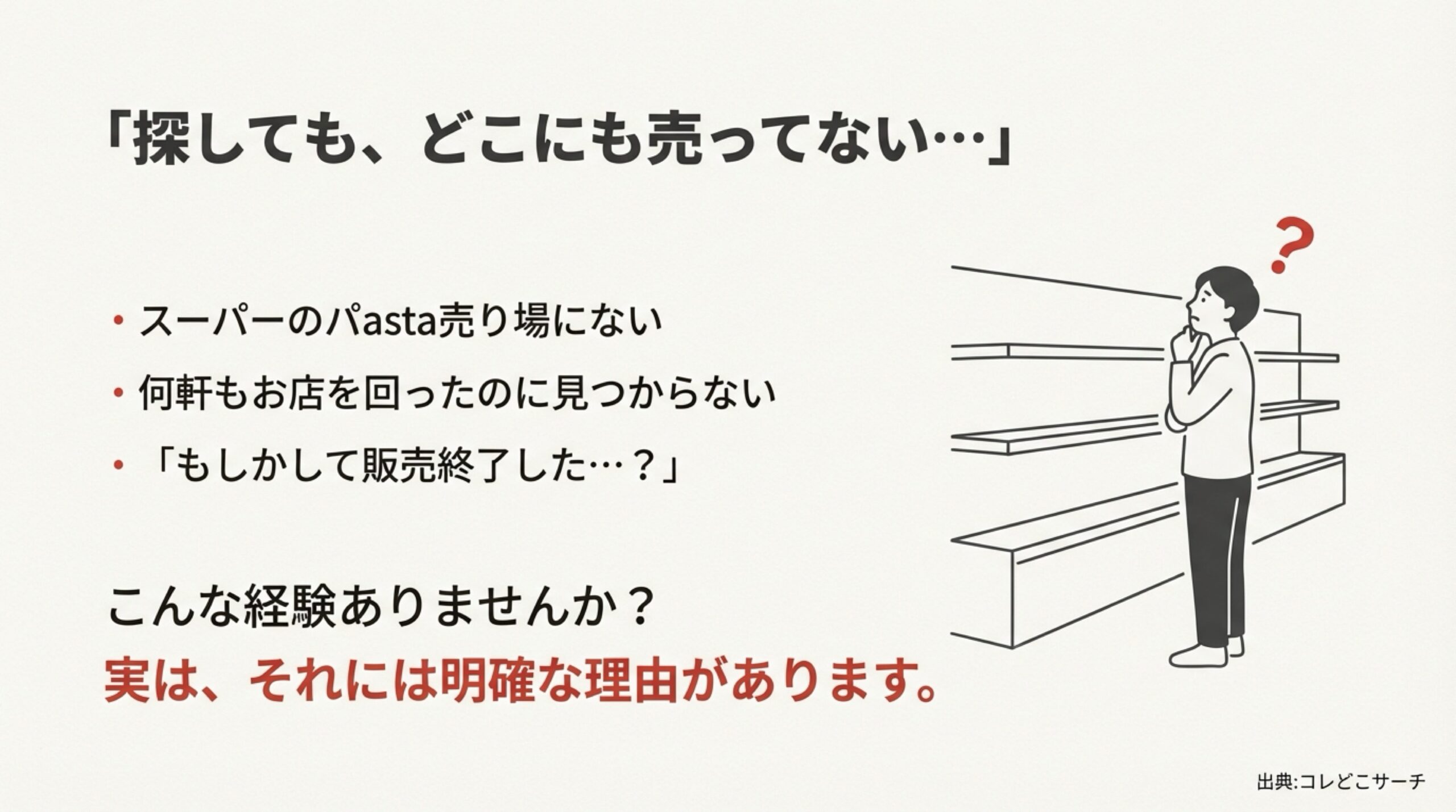スーパーの空の棚の前で悩む人のイラストと、販売終了を心配する声のまとめ