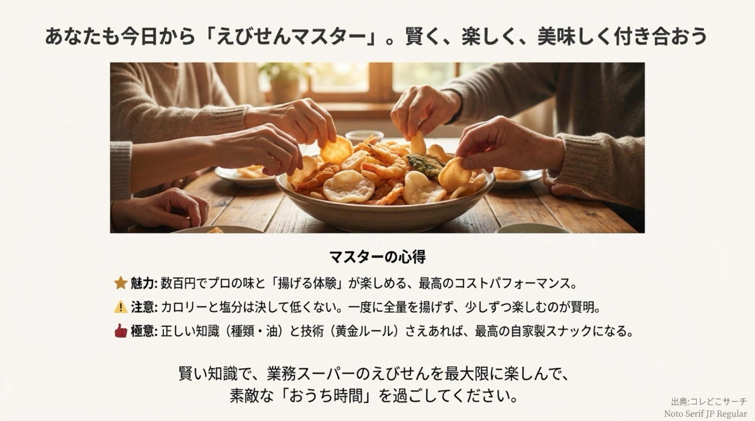 コスパの良さ、カロリー・塩分への注意、正しい知識と技術の重要性をまとめ、自家製スナックを楽しむための極意を記した最終スライド