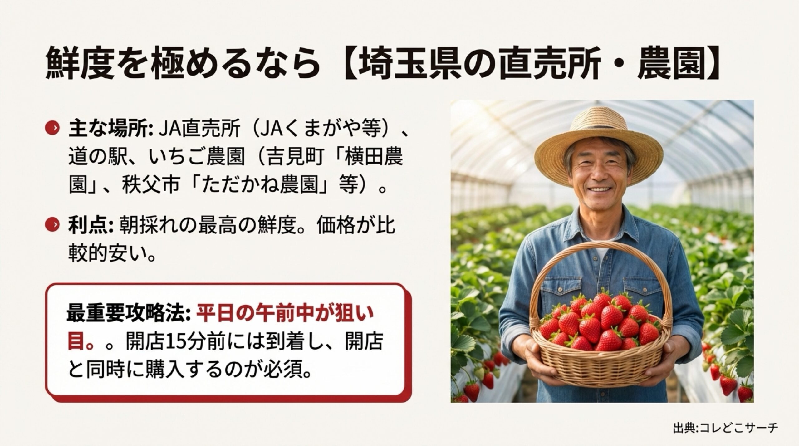 埼玉県の直売所（JAくまがや、横田農園等）の利点と、平日の午前中が狙い目であるという攻略法。