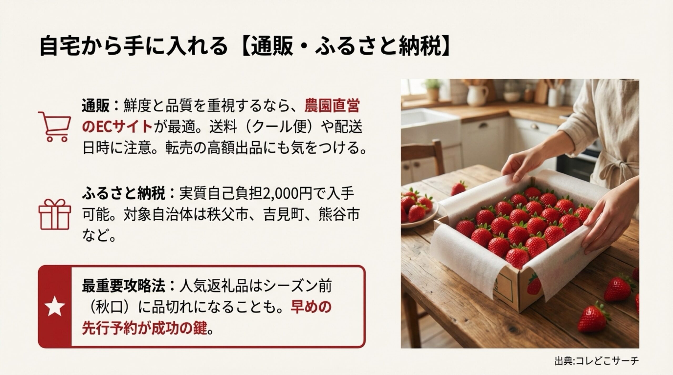 農園直営サイトでの購入や、秩父市・吉見町などのふるさと納税で先行予約するメリットの解説。