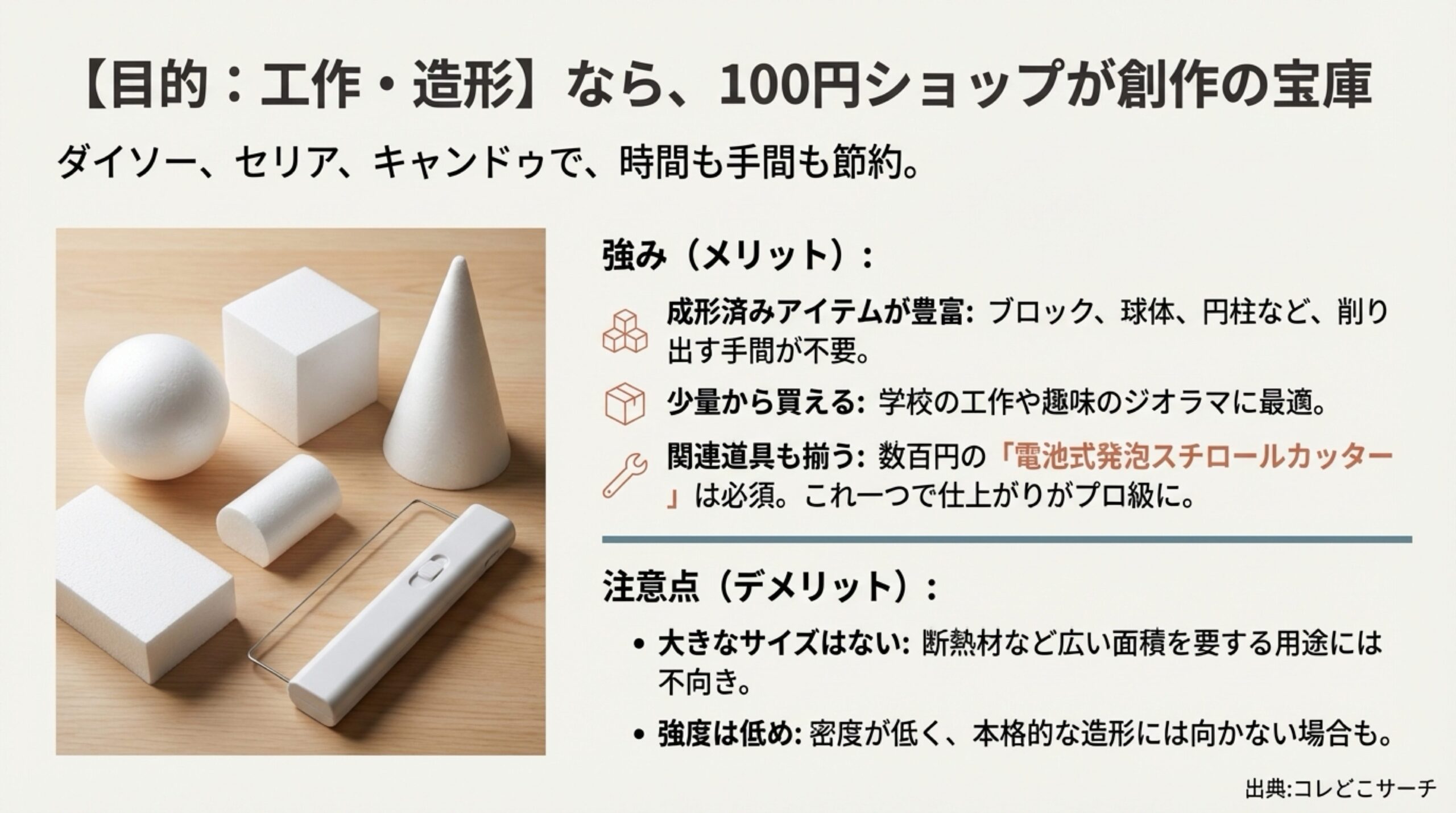 100円ショップのメリット：ブロック、球体、円柱などの成形済みアイテムが豊富、少量から買える、電池式カッターも揃う。デメリット：大きなサイズはなく強度は低め。