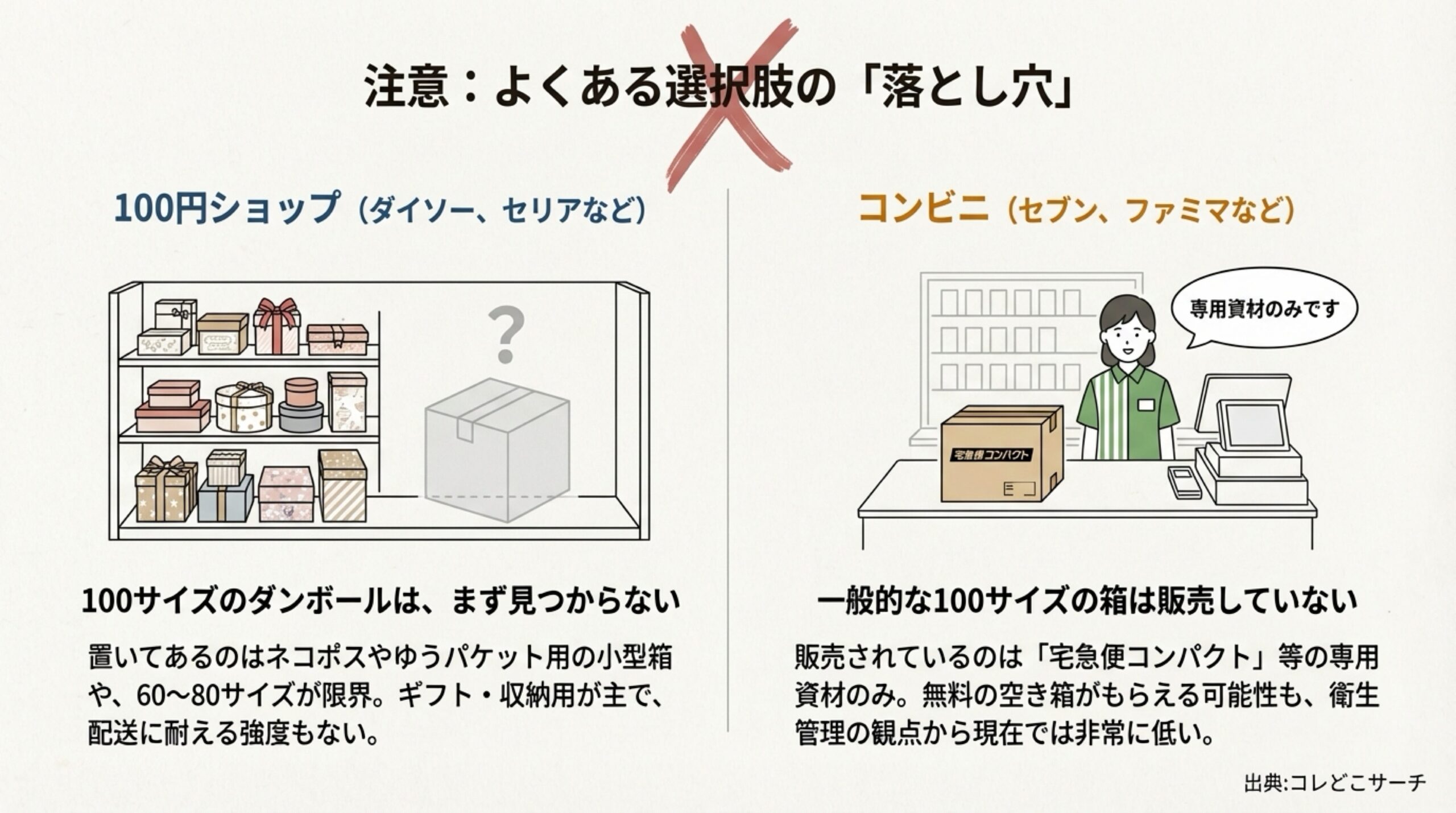 100円ショップやコンビニには100サイズの配送用箱が置いていない、または専用資材のみであるという注意点を示すスライド。