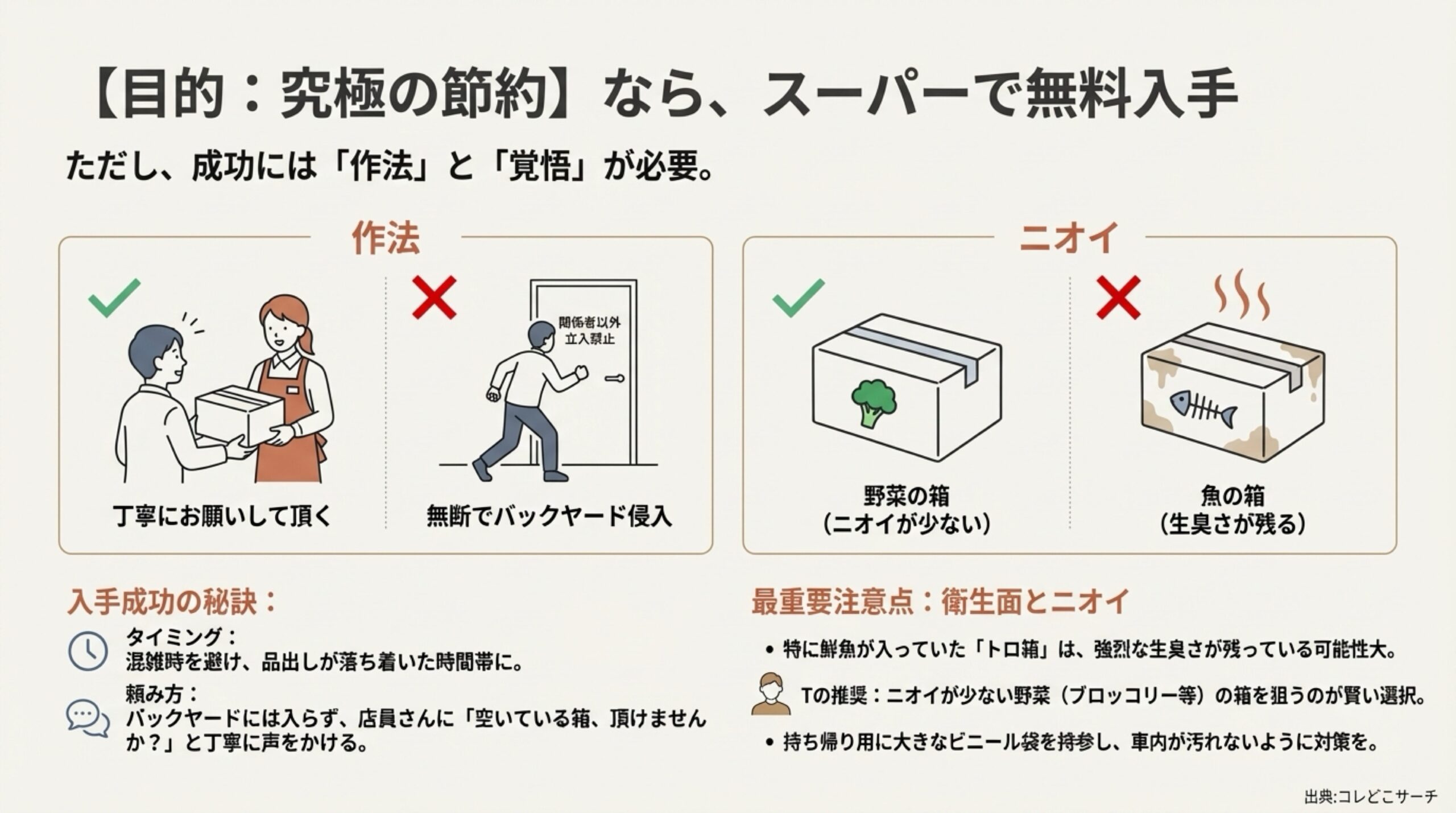 スーパーで無料入手する作法：丁寧にお願いする（無断バックヤード侵入NG）。ニオイ対策：生臭い魚の箱よりニオイの少ない野菜の箱を狙うのがおすすめ。