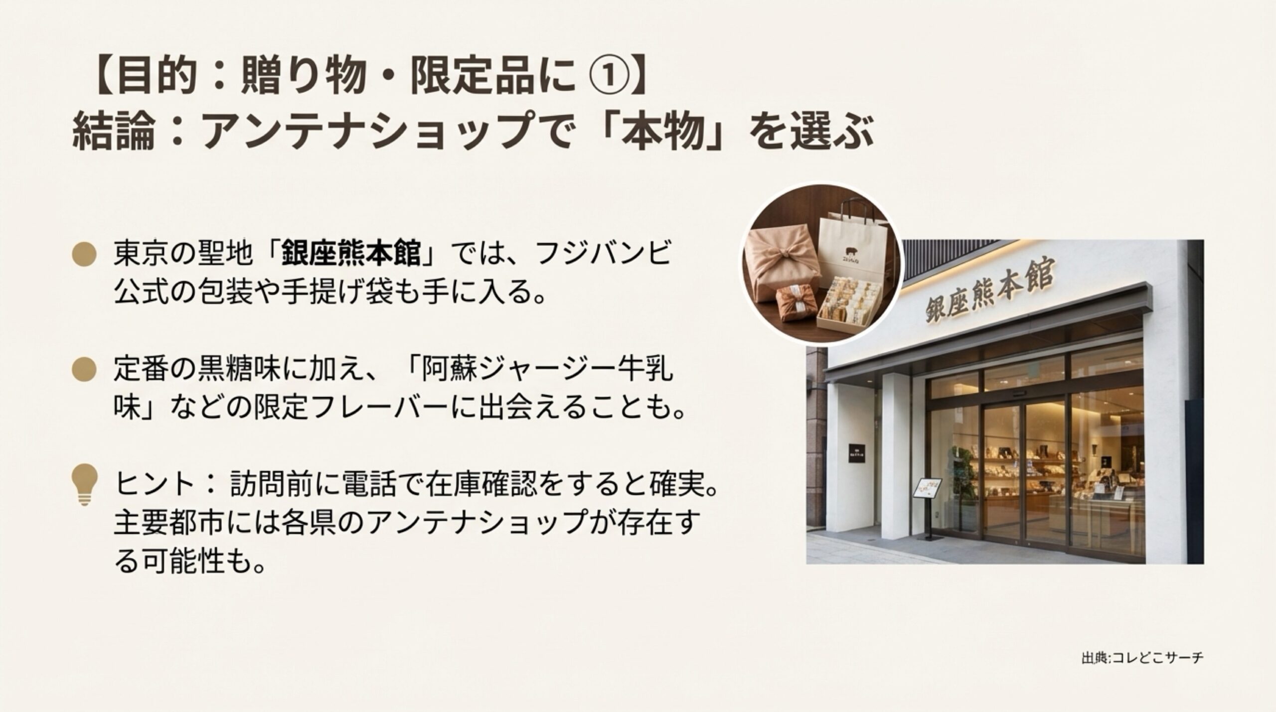 東京・銀座のアンテナショップ「銀座熊本館」の外観と公式包装・限定フレーバーの紹介。