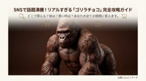 リアルな筋肉造形のゴリラチョコレートの画像と「SNSで話題沸騰！ゴリラチョコ完全攻略ガイド」というタイトルのスライド。