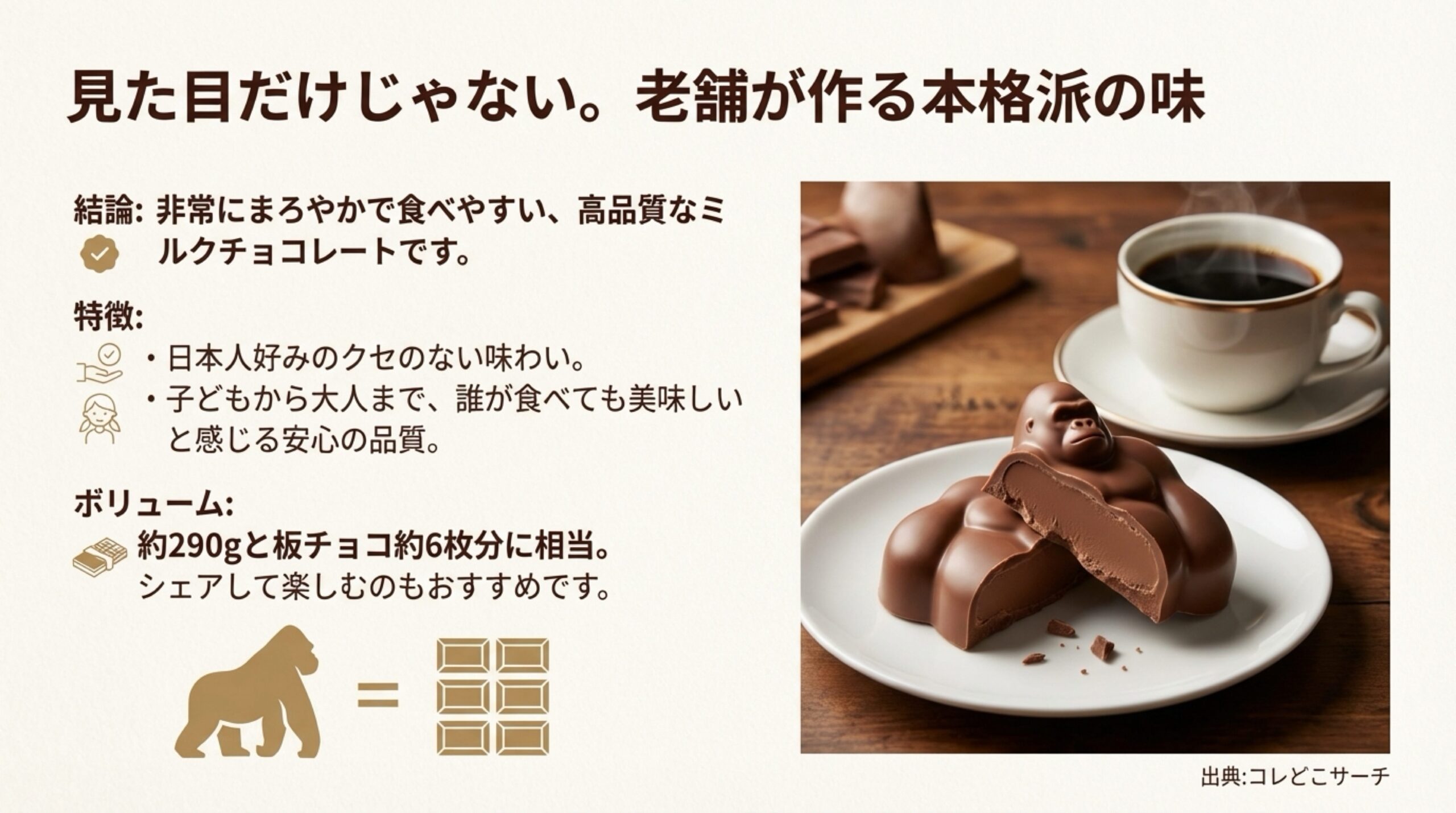半分にカットされたゴリラチョコの断面図と、高品質なミルクチョコであること、板チョコ約6枚分（290g）に相当することを説明するスライド。