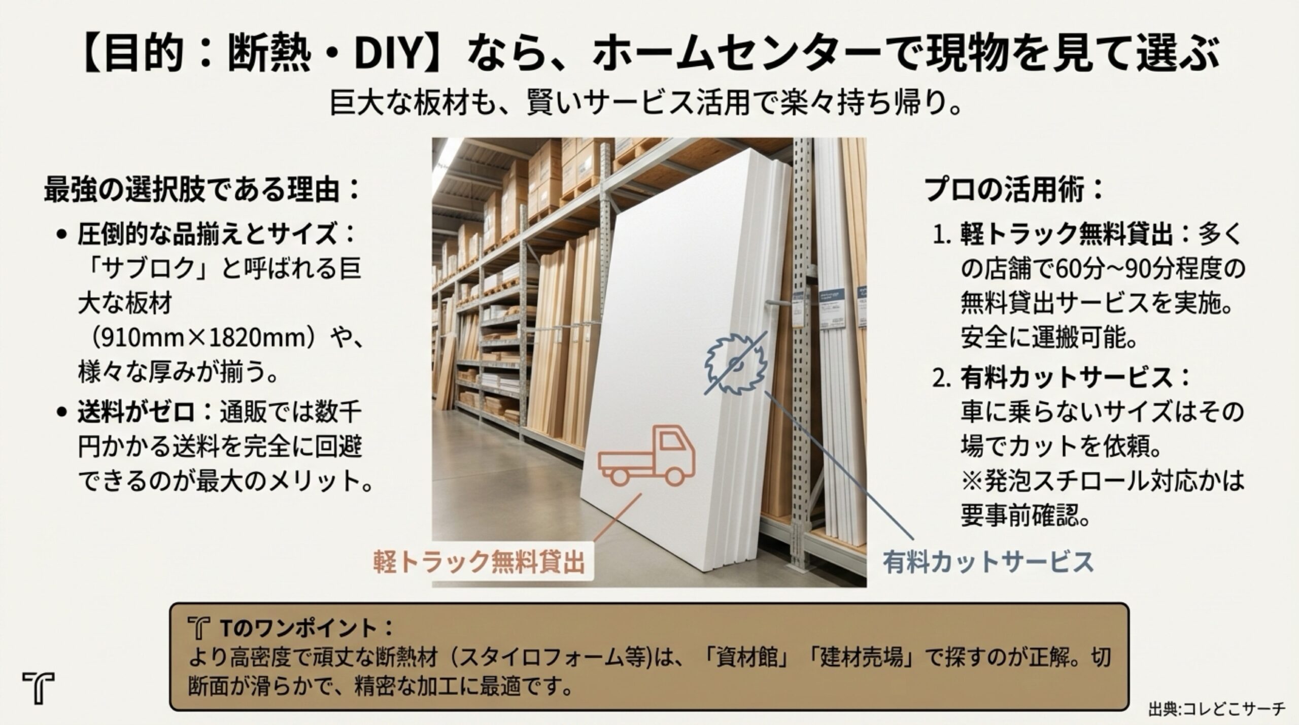 ホームセンターのメリット：巨大なサブロク板(910x1820mm)など圧倒的な品揃え、送料ゼロ。活用術：軽トラック無料貸出や有料カットサービスの利用。スタイロフォームは資材館で探すのが正解。