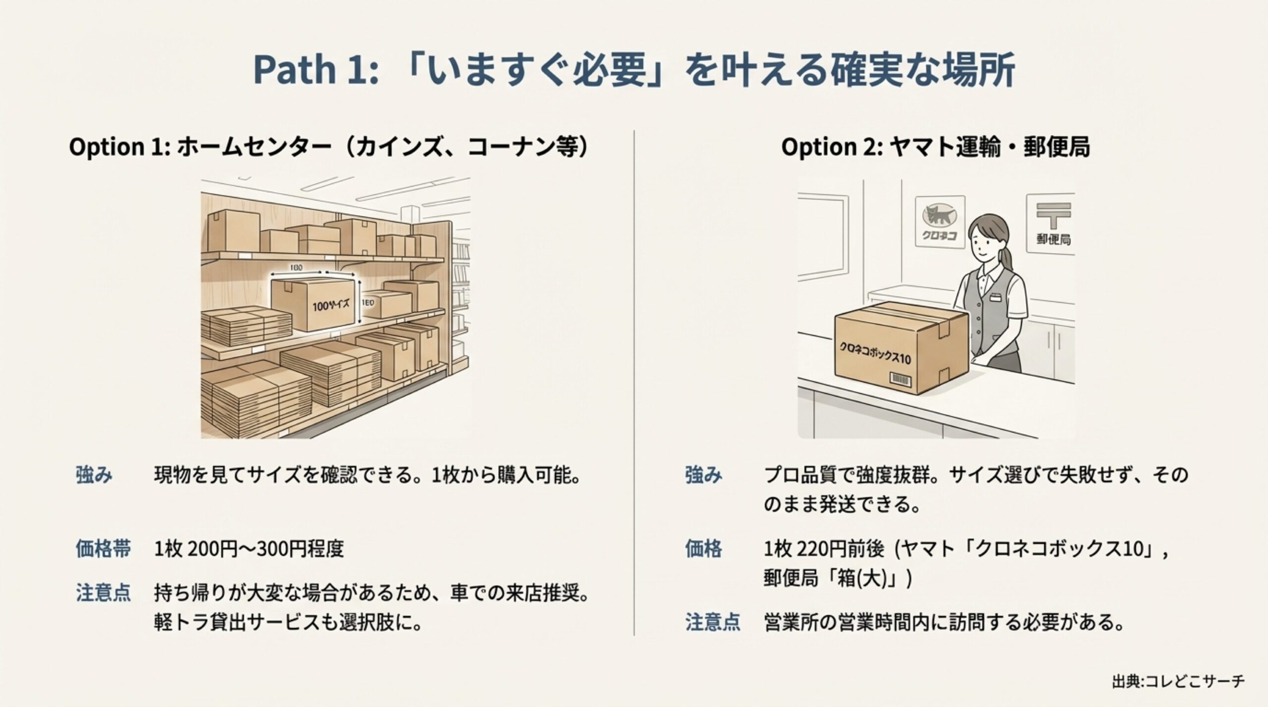 ホームセンター、ヤマト運輸、郵便局で100サイズを買う際の価格帯やメリットをまとめた比較図。