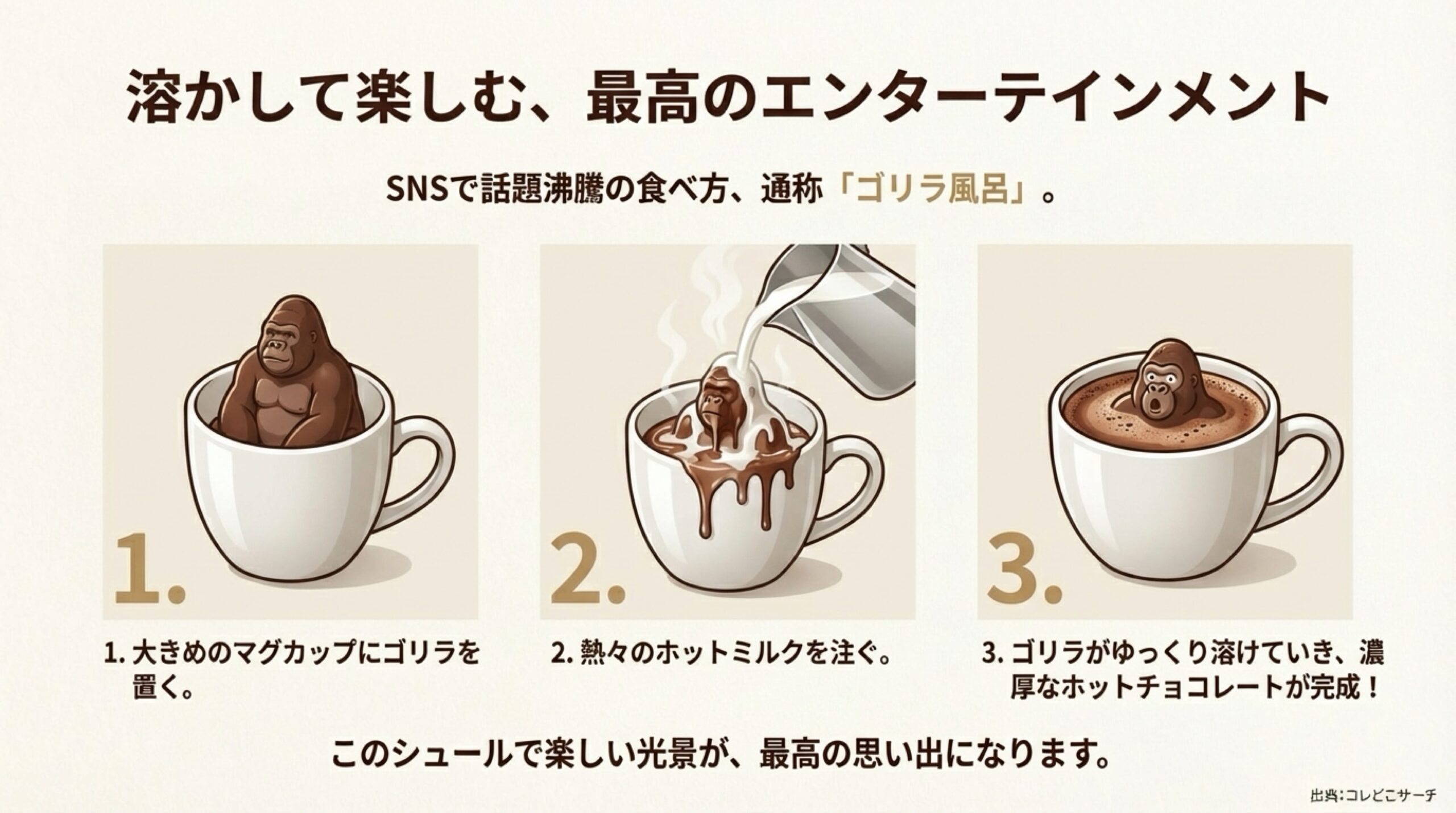 マグカップに入れたゴリラにホットミルクを注ぎ、濃厚なホットチョコレートを作る3ステップを解説したイラストスライド。