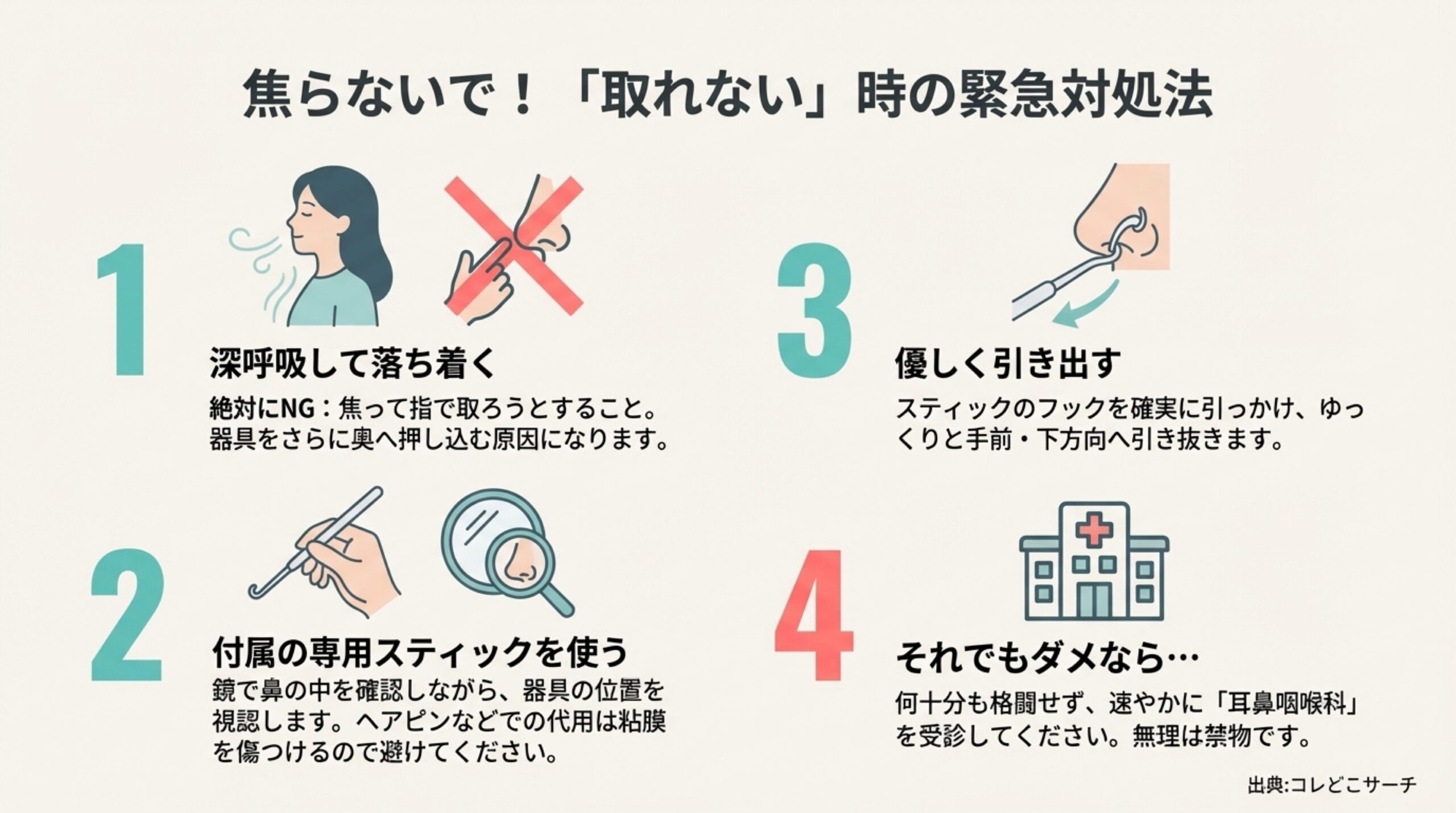 鼻プチが鼻から取れない時に焦らず対処するための4つのステップ（深呼吸、専用スティックの使用、位置確認、引き出し方）