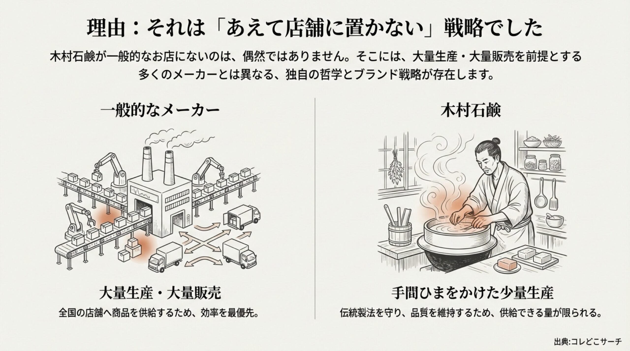 木村石鹸が店舗に置かない理由と一般的な大量生産メーカーとの戦略比較