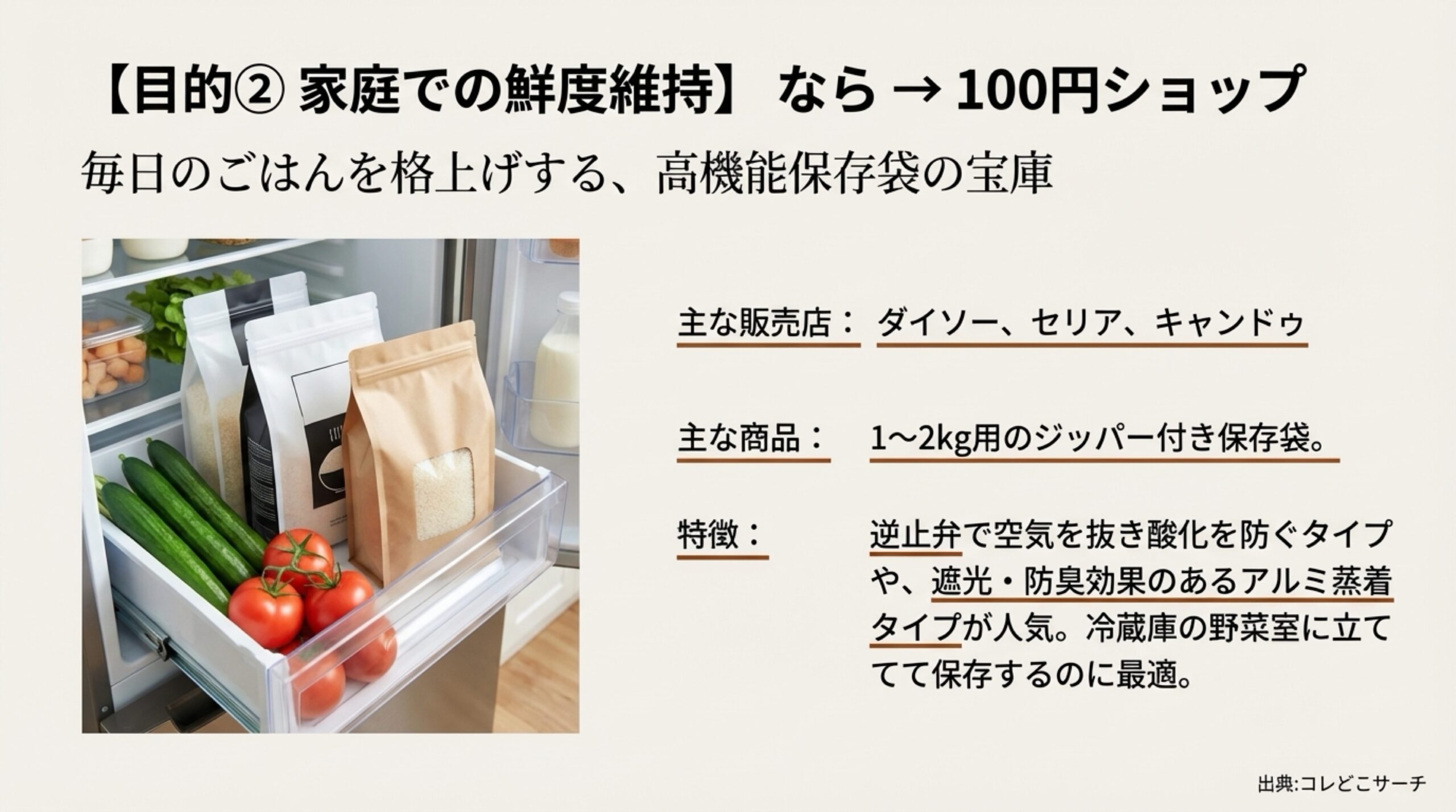ダイソーやセリアなどの100均で買えるジッパー付き保存袋やバルブ付き逆止弁袋の紹介。冷蔵庫保存に最適。