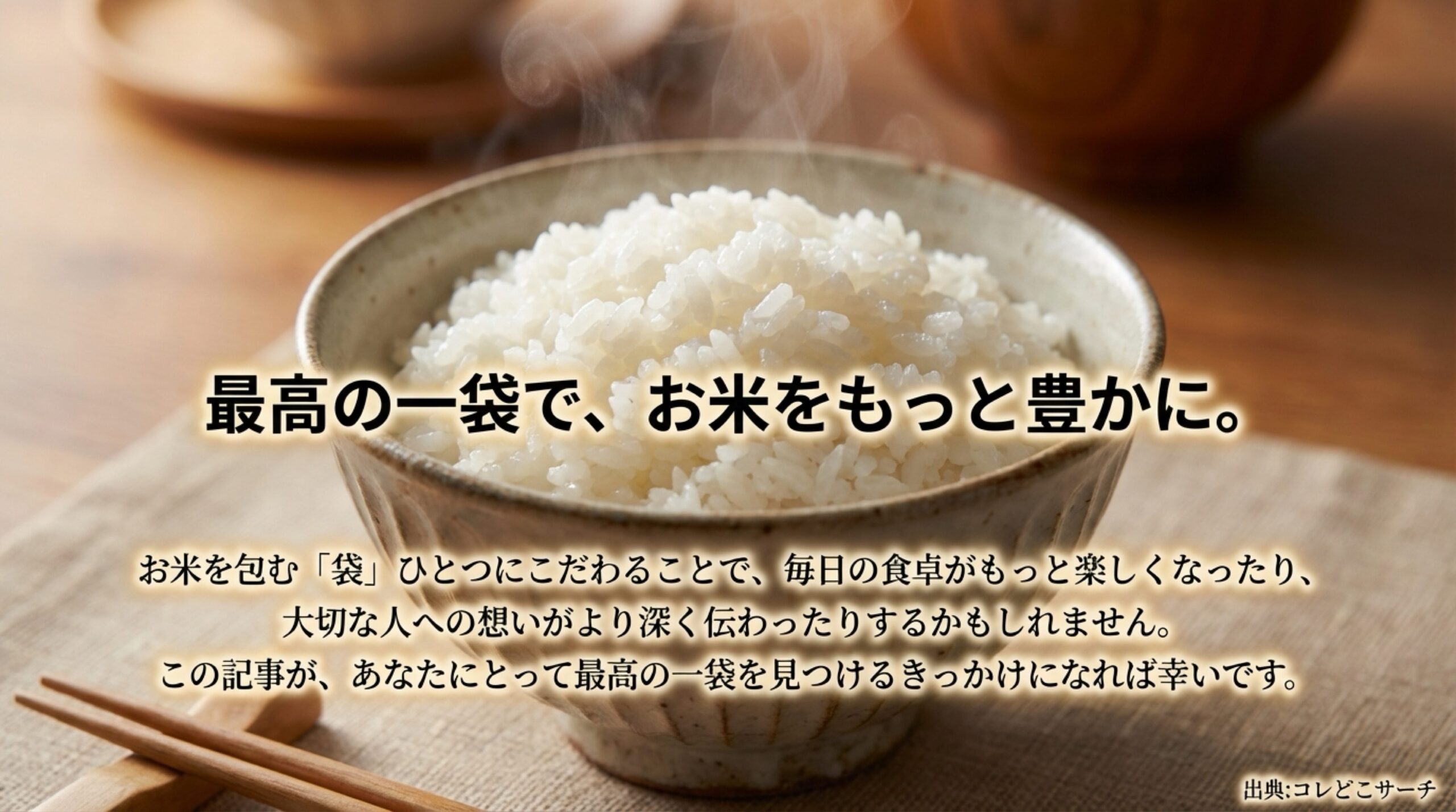 米袋選びを通じて食卓を豊かにすることを伝える、記事の締めくくりメッセージスライド。