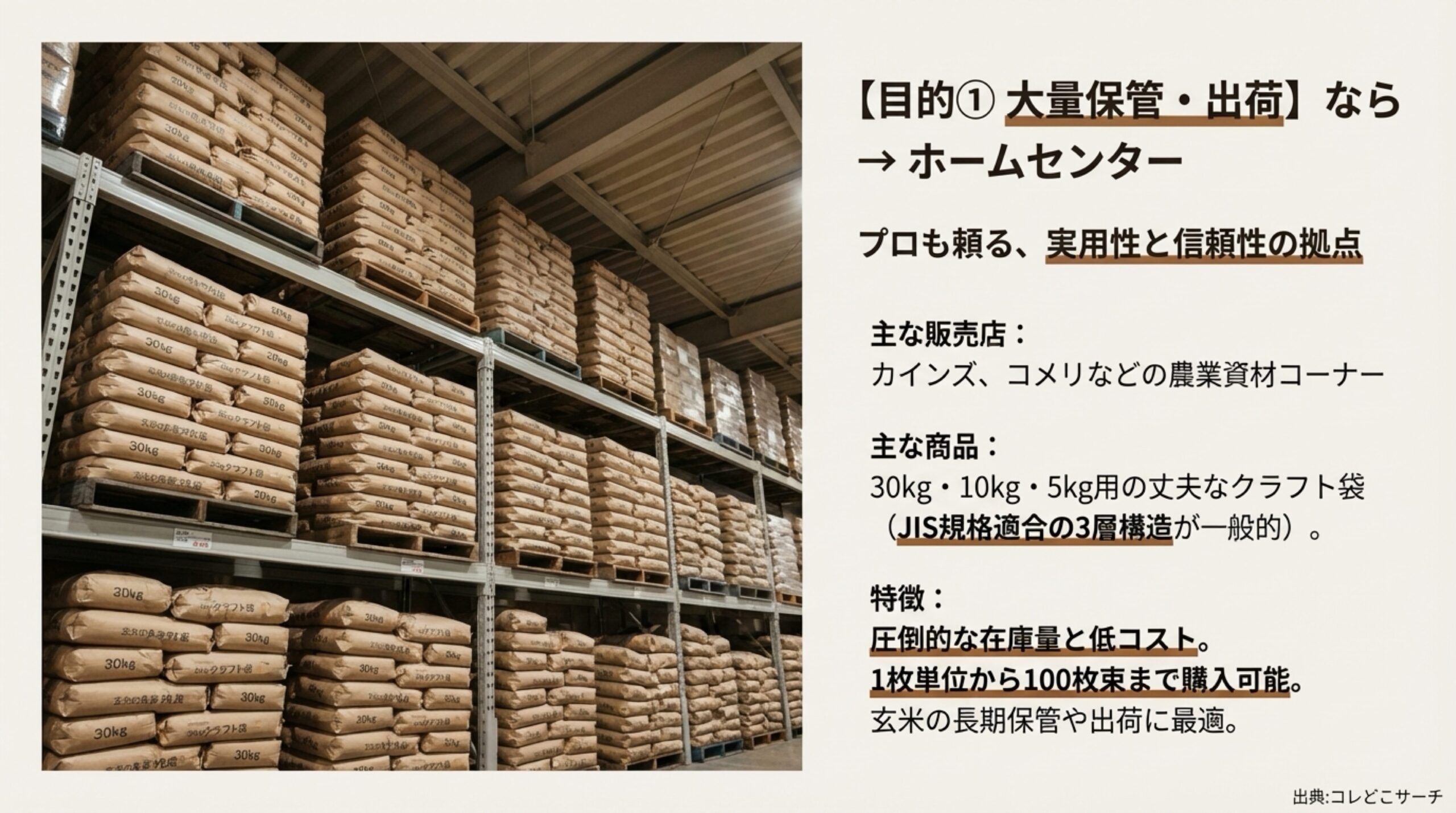 カインズやコメリなどのホームセンターで買える30kgクラフト袋の特徴。1枚から購入可能なメリットの紹介。