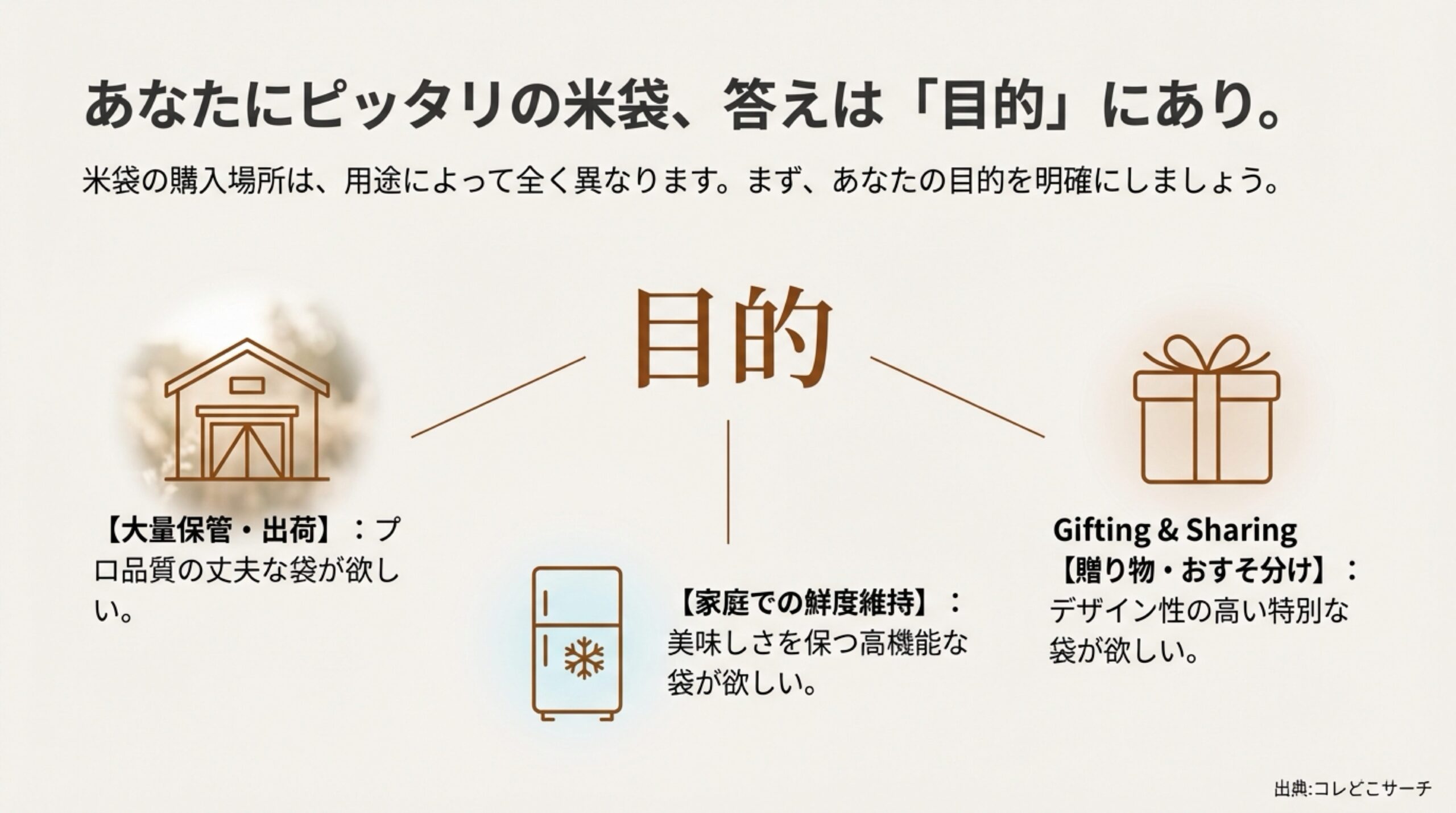 米袋購入の目的を「大量保管・出荷」「家庭での鮮度維持」「贈り物・おすそ分け」の3つに分類した図解。