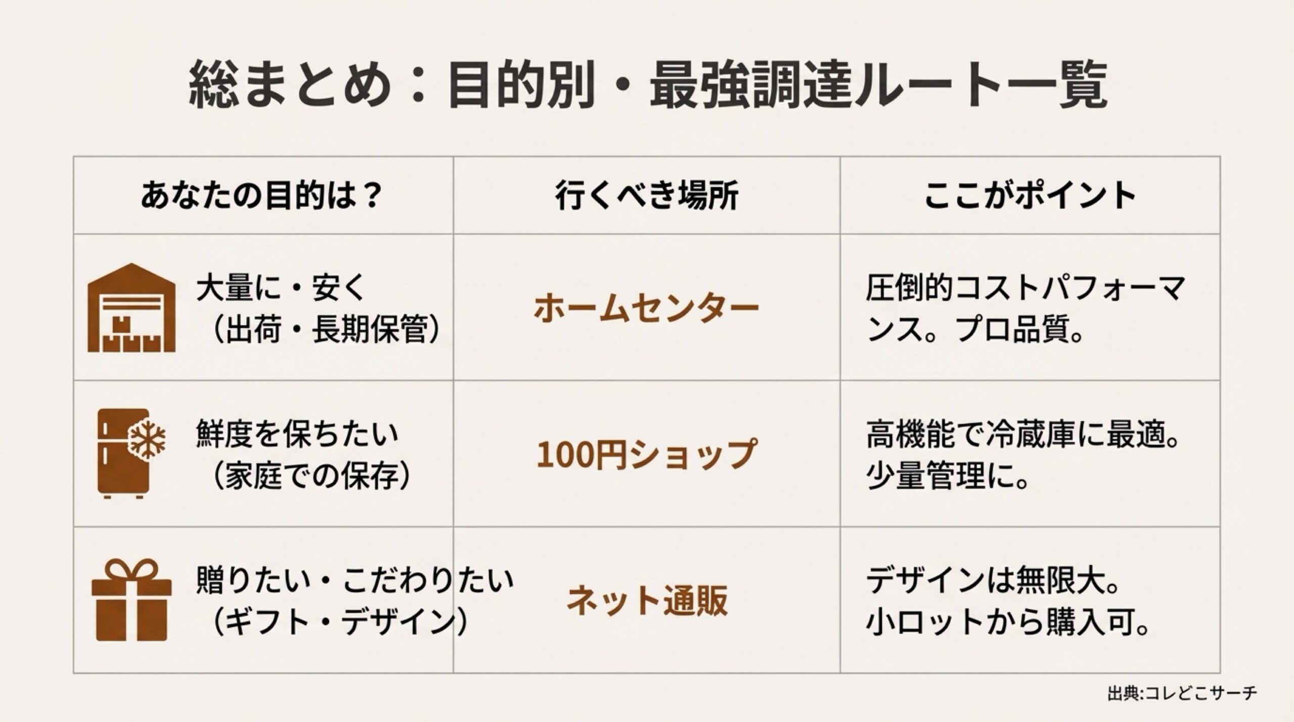 大量購入、鮮度重視、ギフト用の目的別に行くべき場所（ホームセンター、100均、ネット通販）をまとめた比較表。