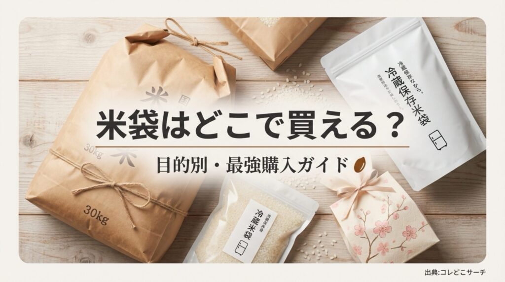 米袋の購入場所を目的別に解説したガイド記事の表紙画像。30kg袋や冷蔵保存袋のイラスト。