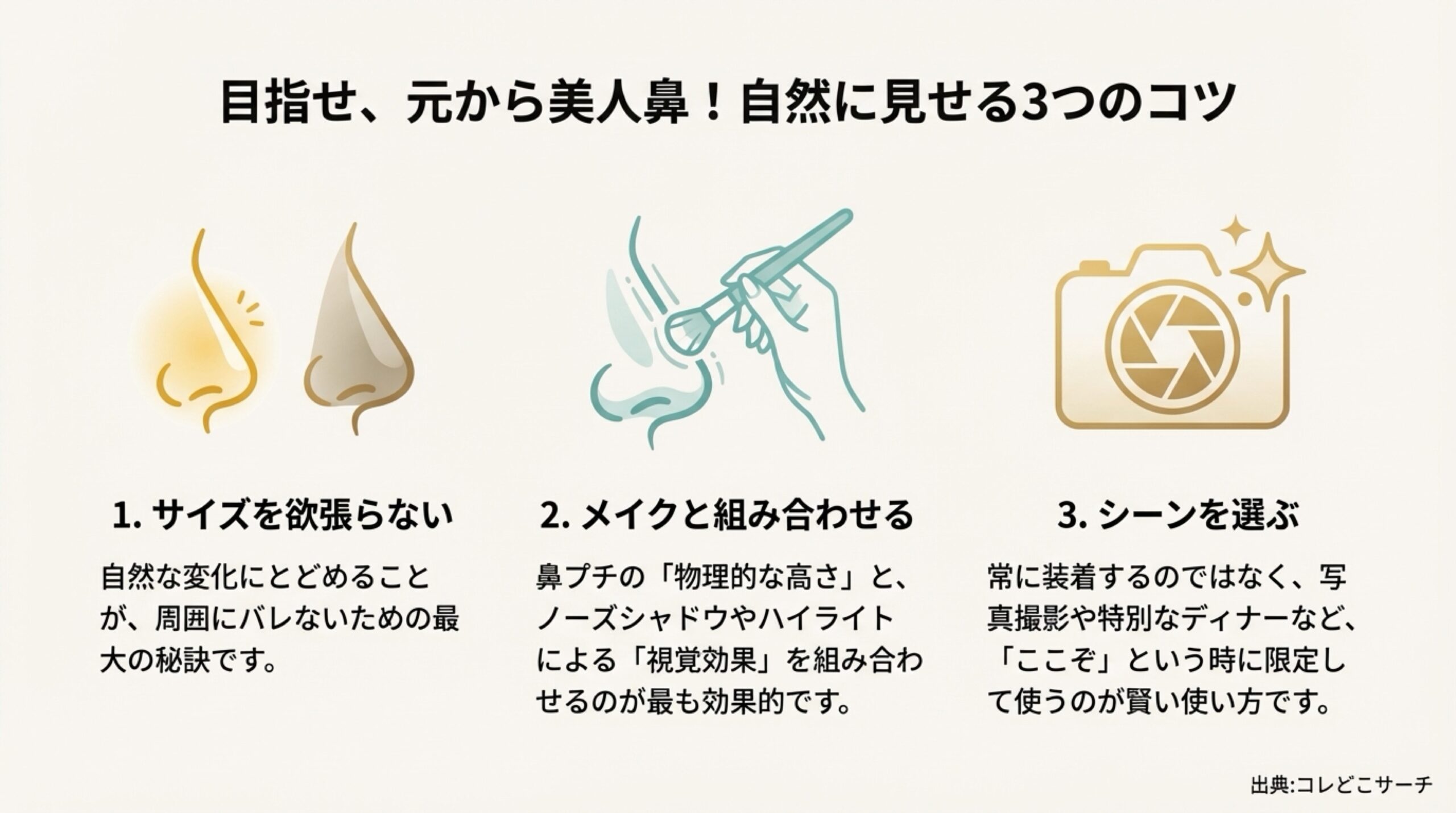 鼻プチを使用しても周囲にバレず自然な美人鼻に見せるための3つのポイント（サイズ選び、メイクとの併用、シーンの限定）