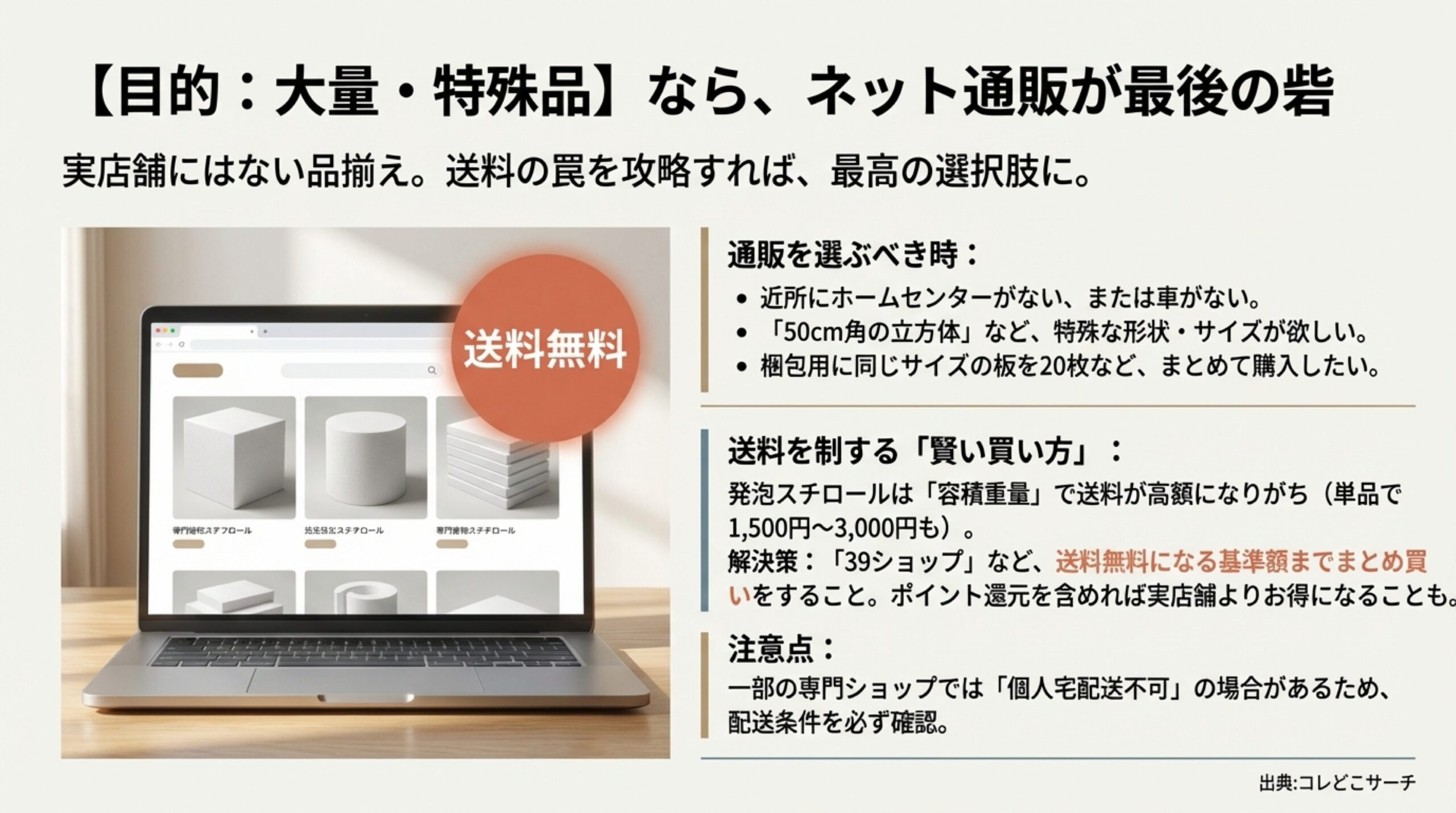 ネット通販を選ぶべき時：近所に店がない、50cm角など特殊な形が欲しい、大量購入したい場合。送料対策として「39ショップ」などの送料無料ラインまでまとめ買いするのが賢い買い方。