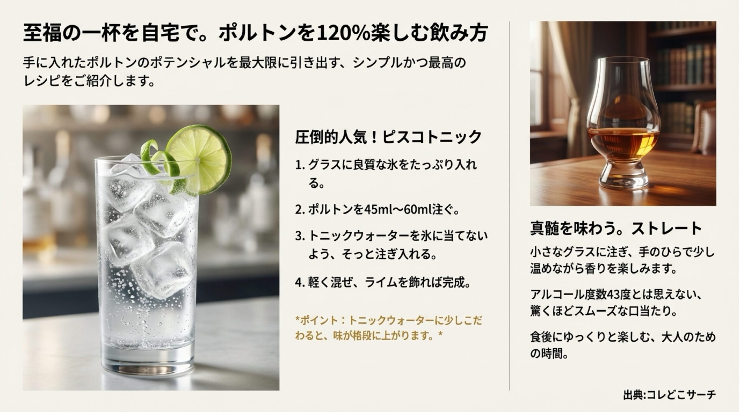 人気のピスコトニックの作り方と、真髄を味わうストレートでの楽しみ方を写真付きで紹介したレシピスライド