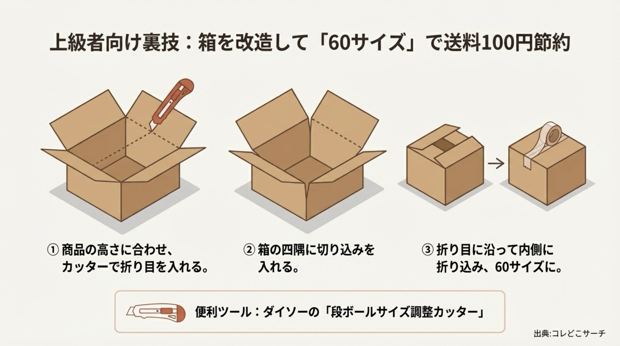 80サイズの箱をカッターで加工し、高さを低くして60サイズとして発送する裏技の手順解説。