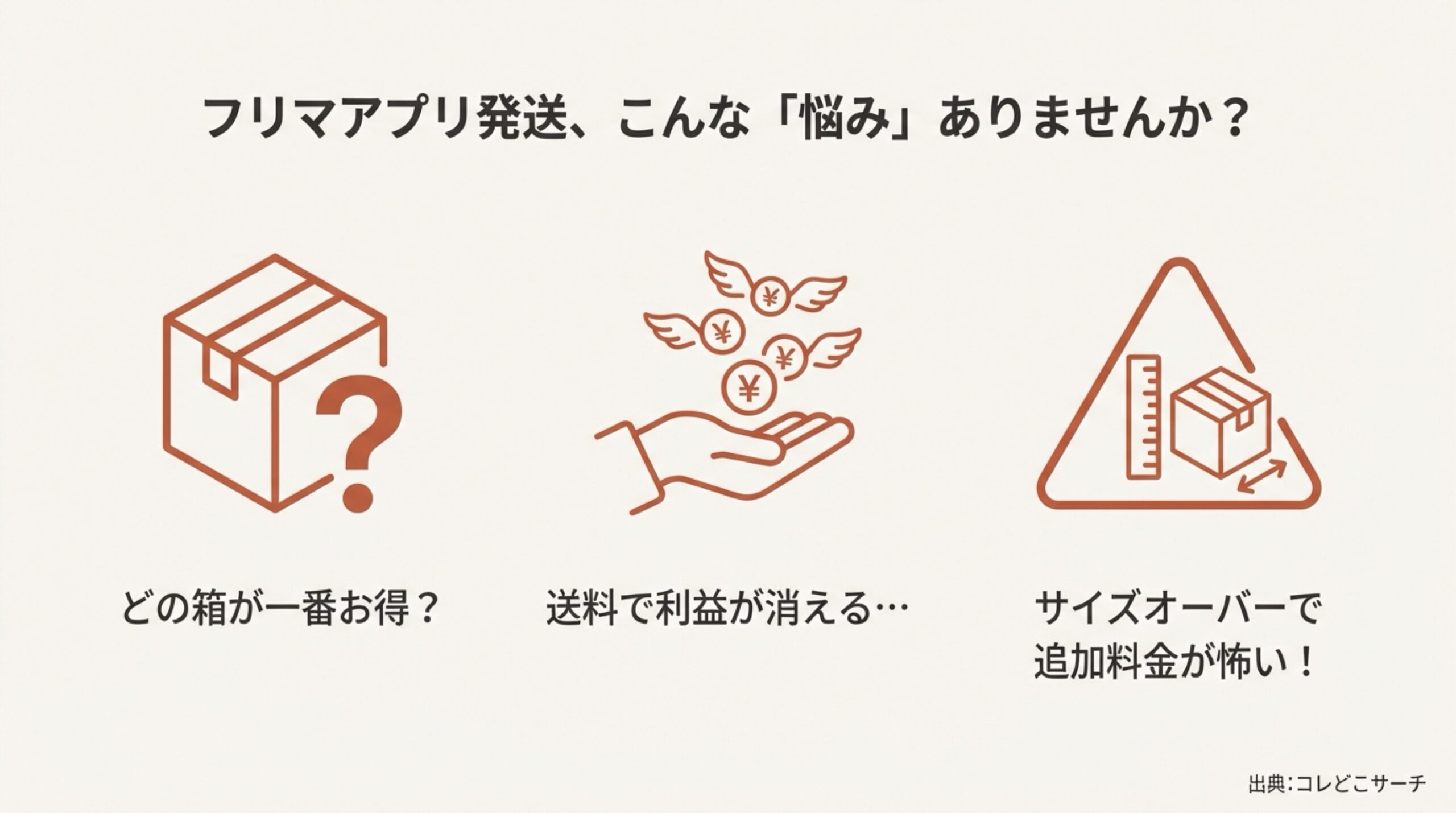 どの箱がお得か、送料で利益が消える、サイズオーバーが怖いといった、フリマ発送初心者が抱きがちな悩み。