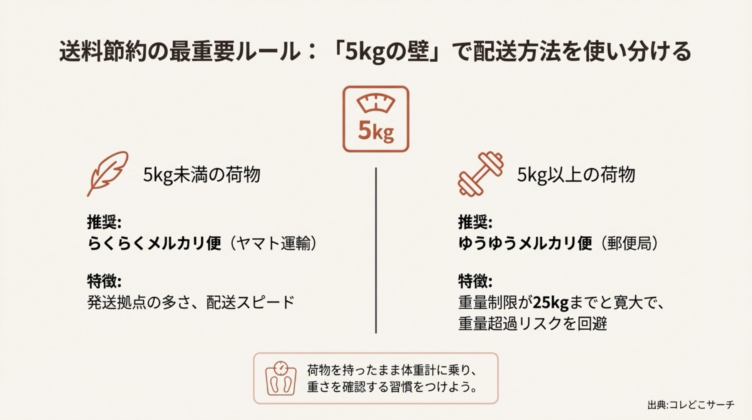 5kg未満ならヤマト運輸（らくらくメルカリ便）、5kg以上なら郵便局（ゆうゆうメルカリ便）を推奨する重量制限のルール。