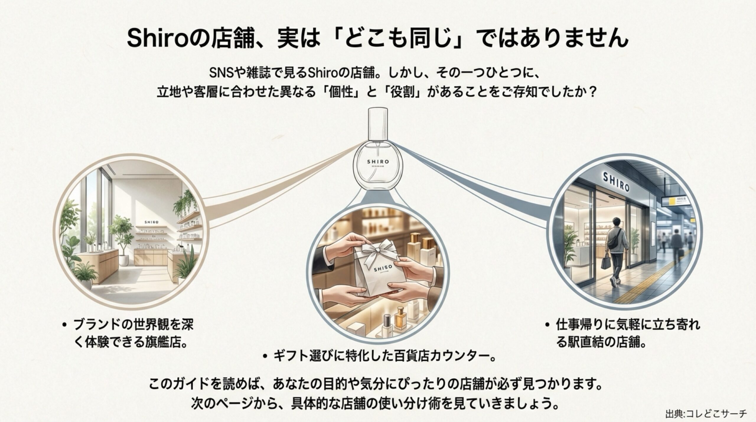 SHIROの店舗は立地や客層によって「個性」と「役割」が異なることを解説した図解。
