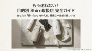 SHIRO取扱店完全ガイドの表紙。目的別の最適な店舗選びを提案するタイトルスライド。