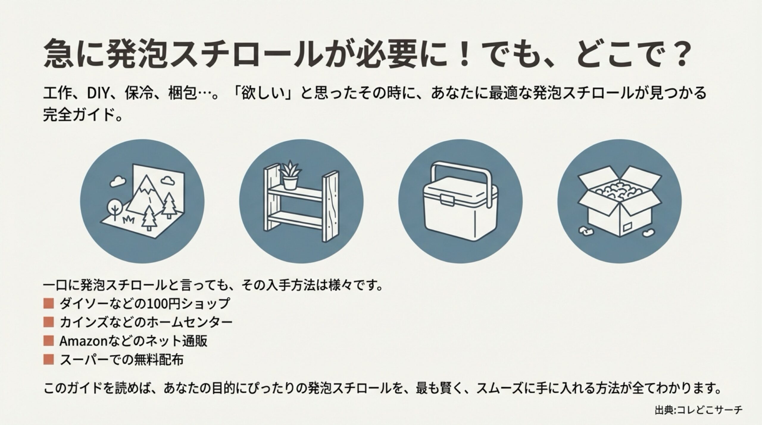 急に発泡スチロールが必要になった時の完全ガイド。工作、DIY、保冷、梱包など目的に合わせて100均、ホームセンター、ネット通販、スーパーでの無料配布から最適な入手方法を解説します。