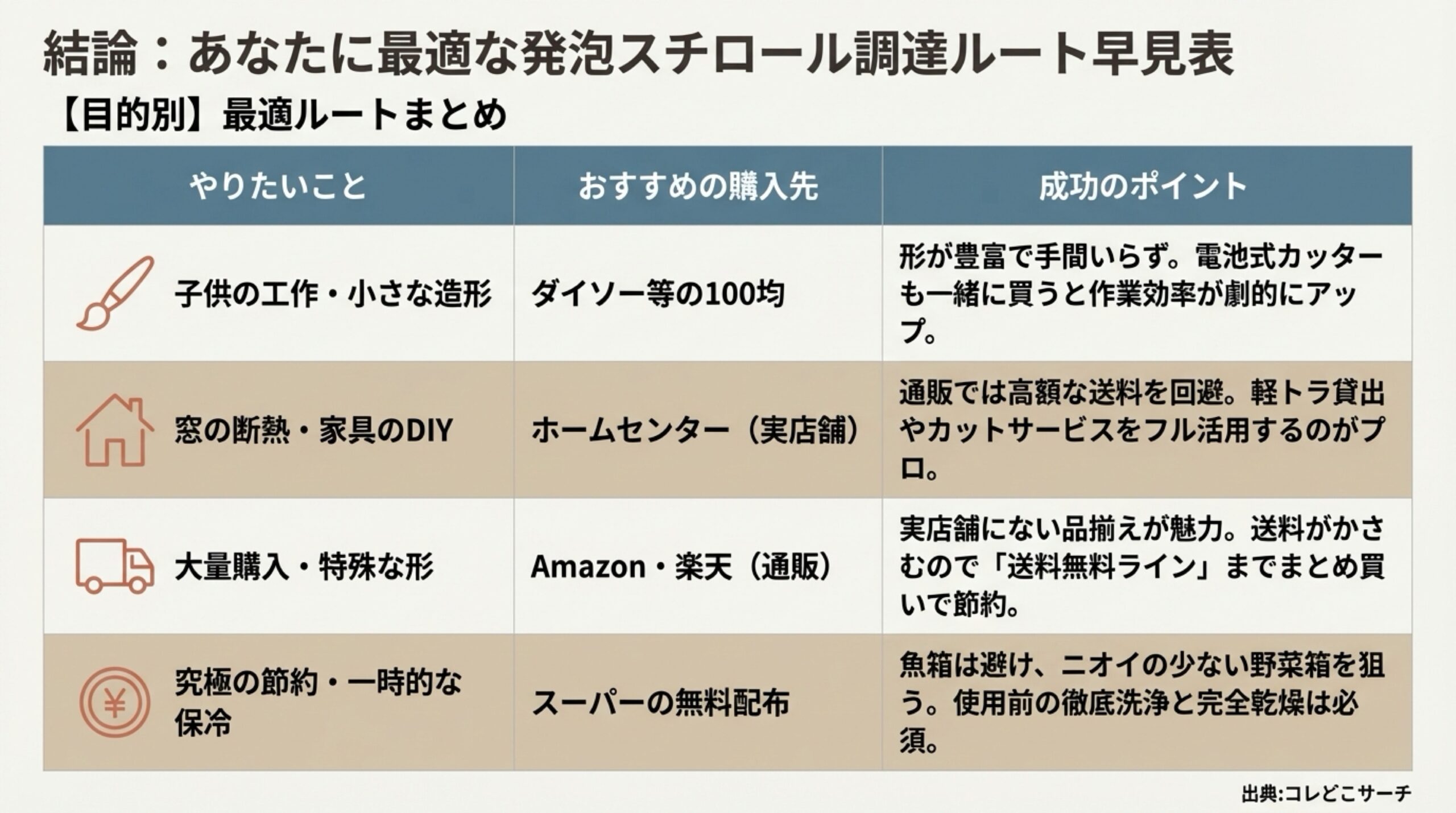 目的別まとめ。工作・小さな造形は100均、断熱・DIYはホームセンター、大量・特殊品は通販、節約・保冷はスーパーの無料配布がおすすめ。それぞれの成功ポイントも記載。