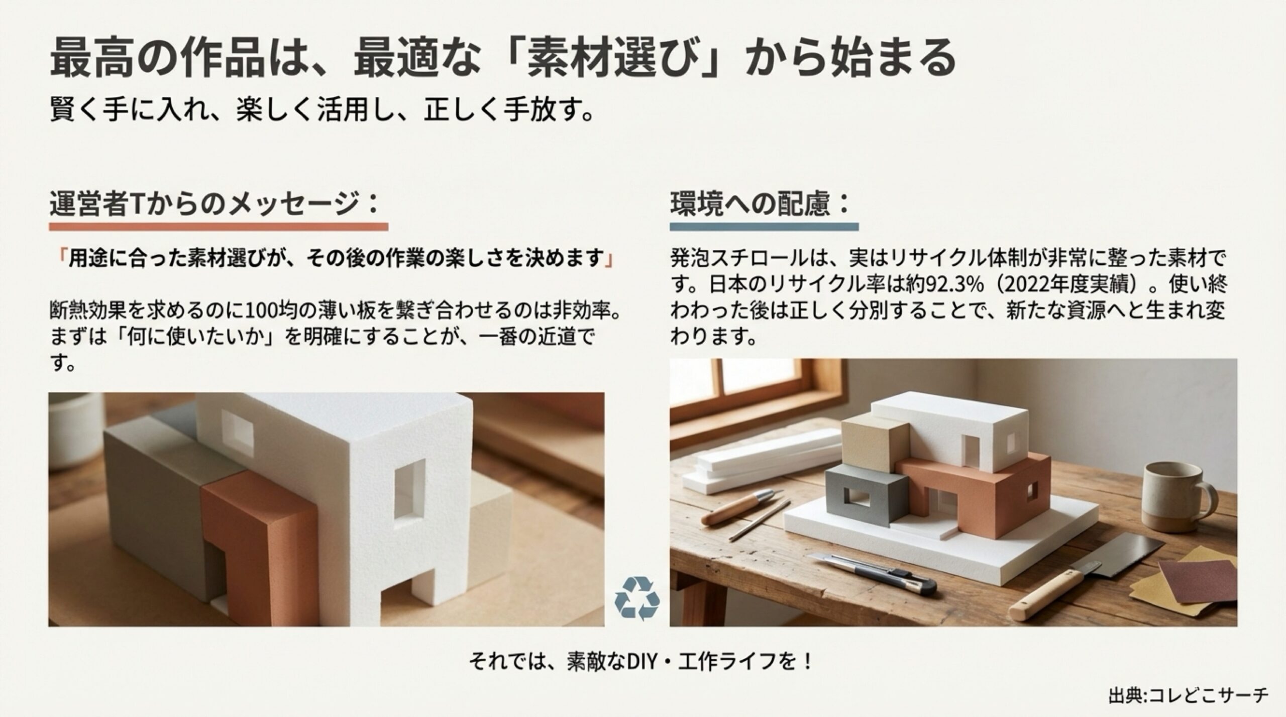 最高の作品は最適な素材選びから。運営者Tからのメッセージ「用途に合った素材選びが楽しさを決めます」。日本の発泡スチロールリサイクル率は約92.3%(2022年)で環境にも優しい。