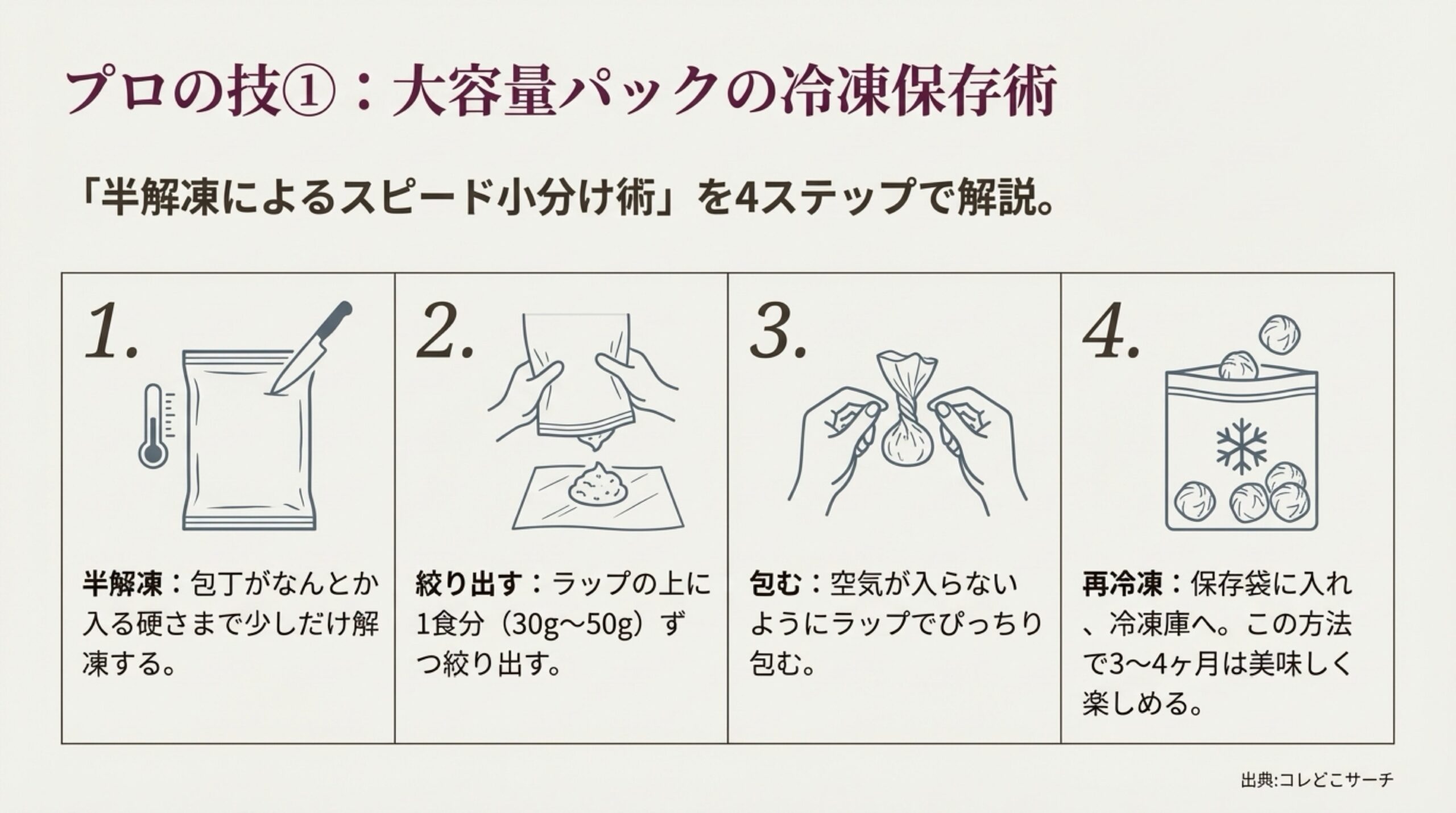 業務用の大容量梅水晶を、鮮度を保ったまま小分けにして冷凍保存する4つのステップ。