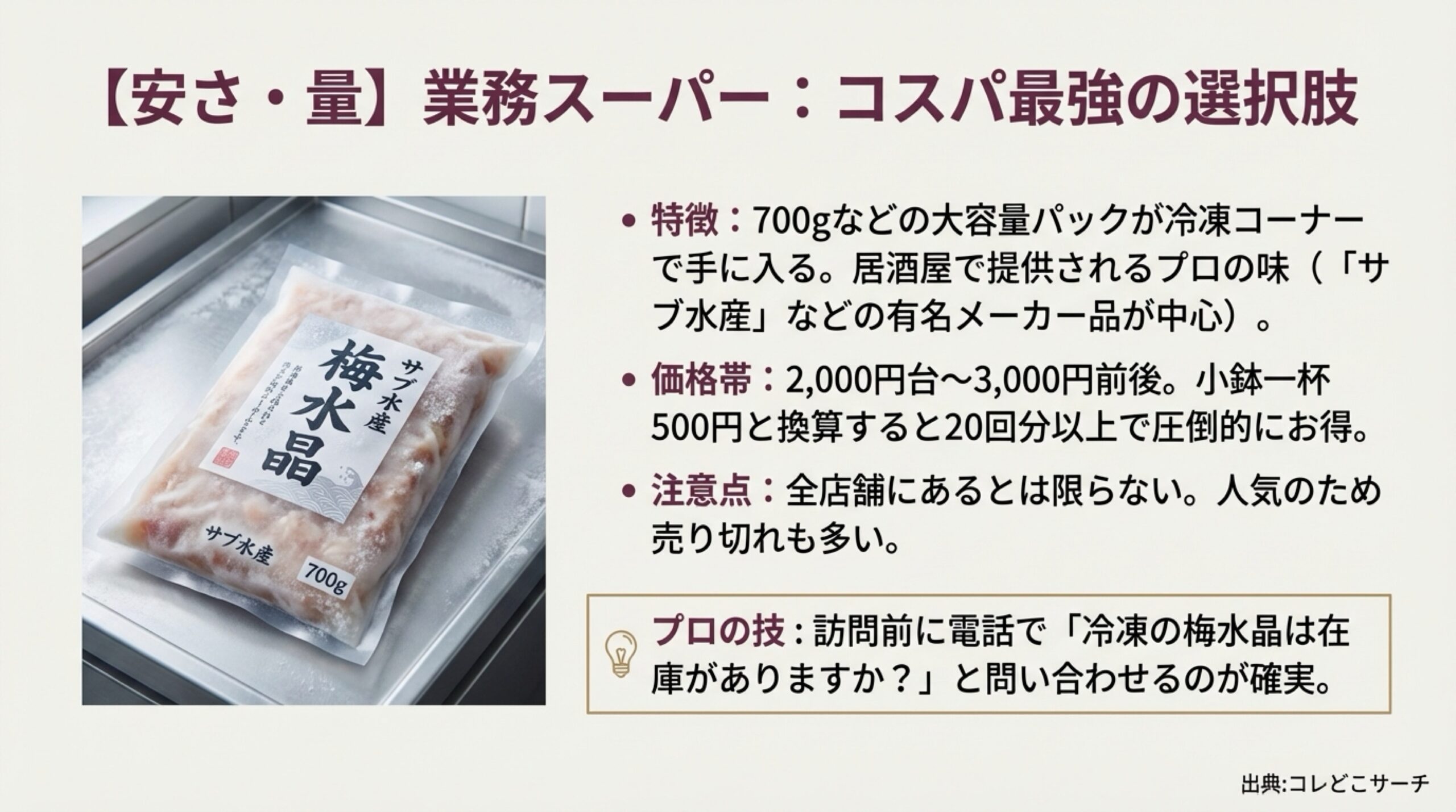 業務スーパーの冷凍コーナーで販売されている「サブ水産」の梅水晶700g大容量パックの画像と特徴。