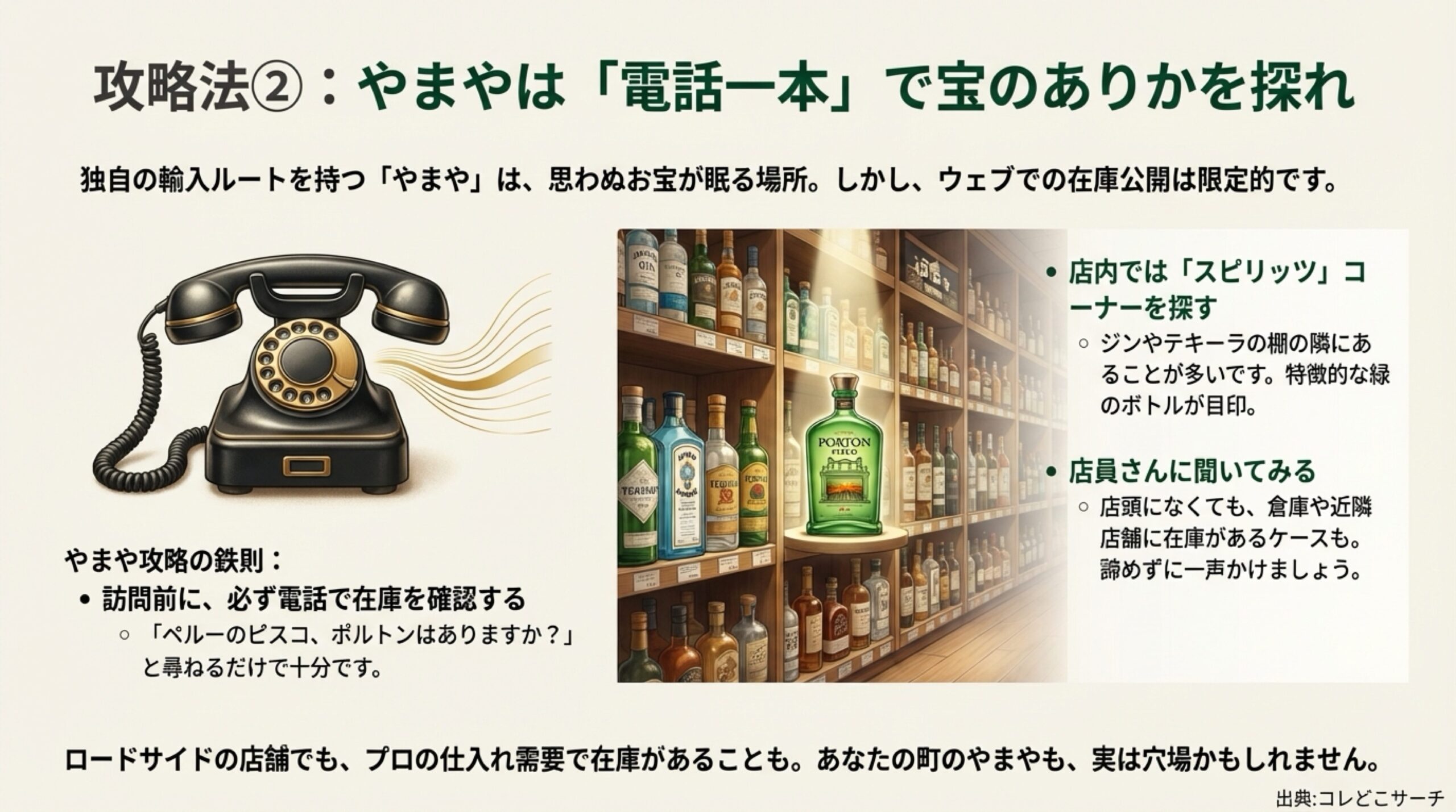 やまやのスピリッツコーナーでの探し方と、訪問前に電話で在庫を確認する「やまや攻略の鉄則」をまとめたスライド