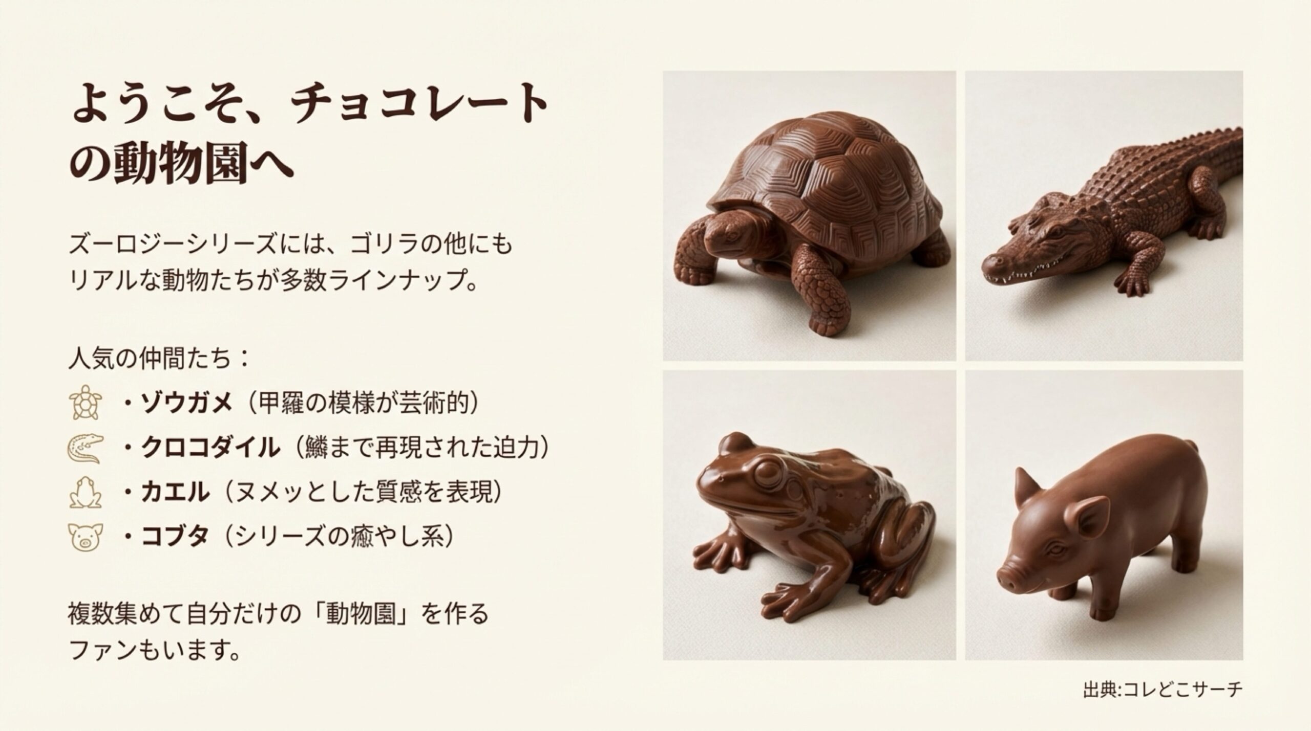 ゾウガメ、クロコダイル、カエル、コブタなど、ズーロジーシリーズの他のリアルな動物チョコレートを紹介するスライド。
