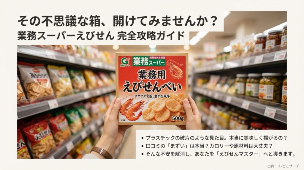 業務スーパーのえびせんのパッケージ写真と、サクサク食感、豊かな風味、500gといった特徴、そして「まずい」という噂やカロリーへの不安を解消するガイドであることを示すスライド