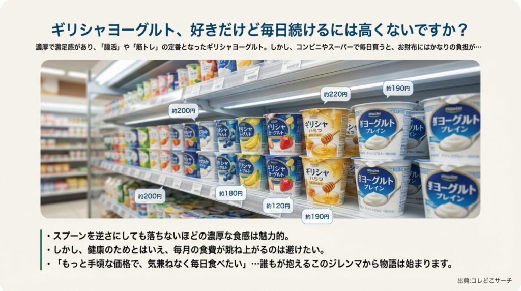 スーパーの棚に並ぶ様々な種類のギリシャヨーグルトと、毎日続けるには高いという価格の悩み