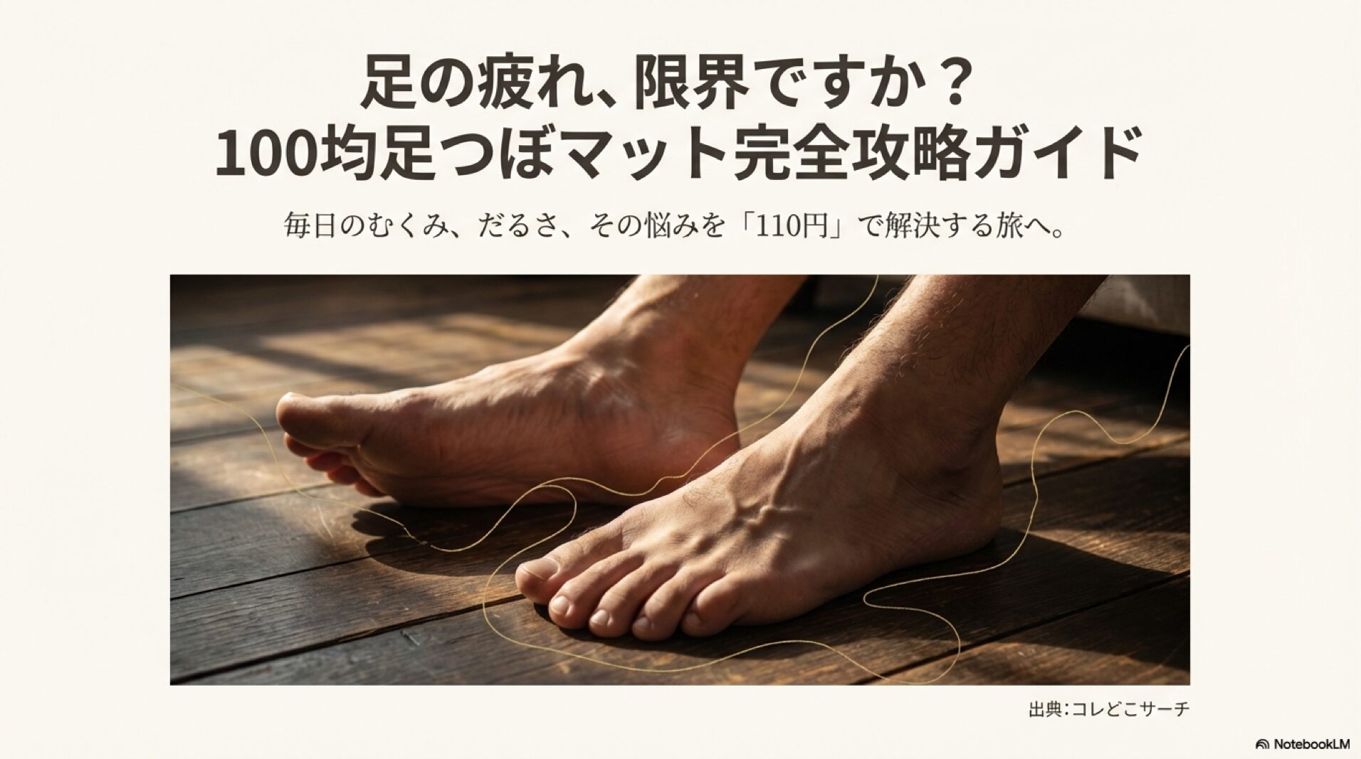 フローリングに置かれた足と100均足つぼマット完全攻略ガイドのタイトル文字
