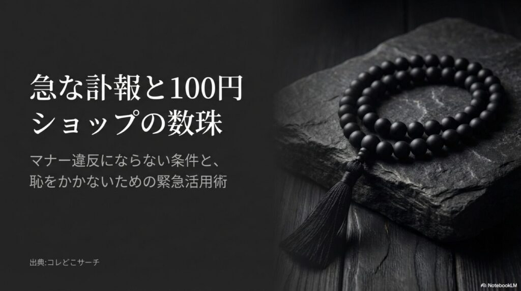 急な訃報に対応するための100円ショップ数珠のマナーと恥をかかない緊急活用術の表紙スライド
