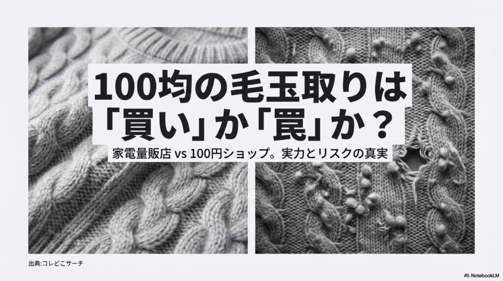 100均の毛玉取りは「買い」か「罠」か？家電量販店と100円ショップの実力とリスクの真実を比較したスライド表紙