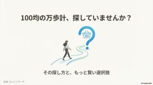 100均の万歩計を探す女性のイラストと疑問符、賢い選択肢の提示