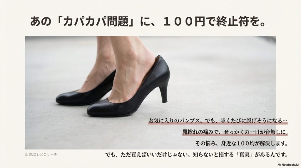 「あのカパカパ問題に、100円で終止符を」というキャッチコピーと、ハイヒールのイラストが描かれた記事の表紙スライド。