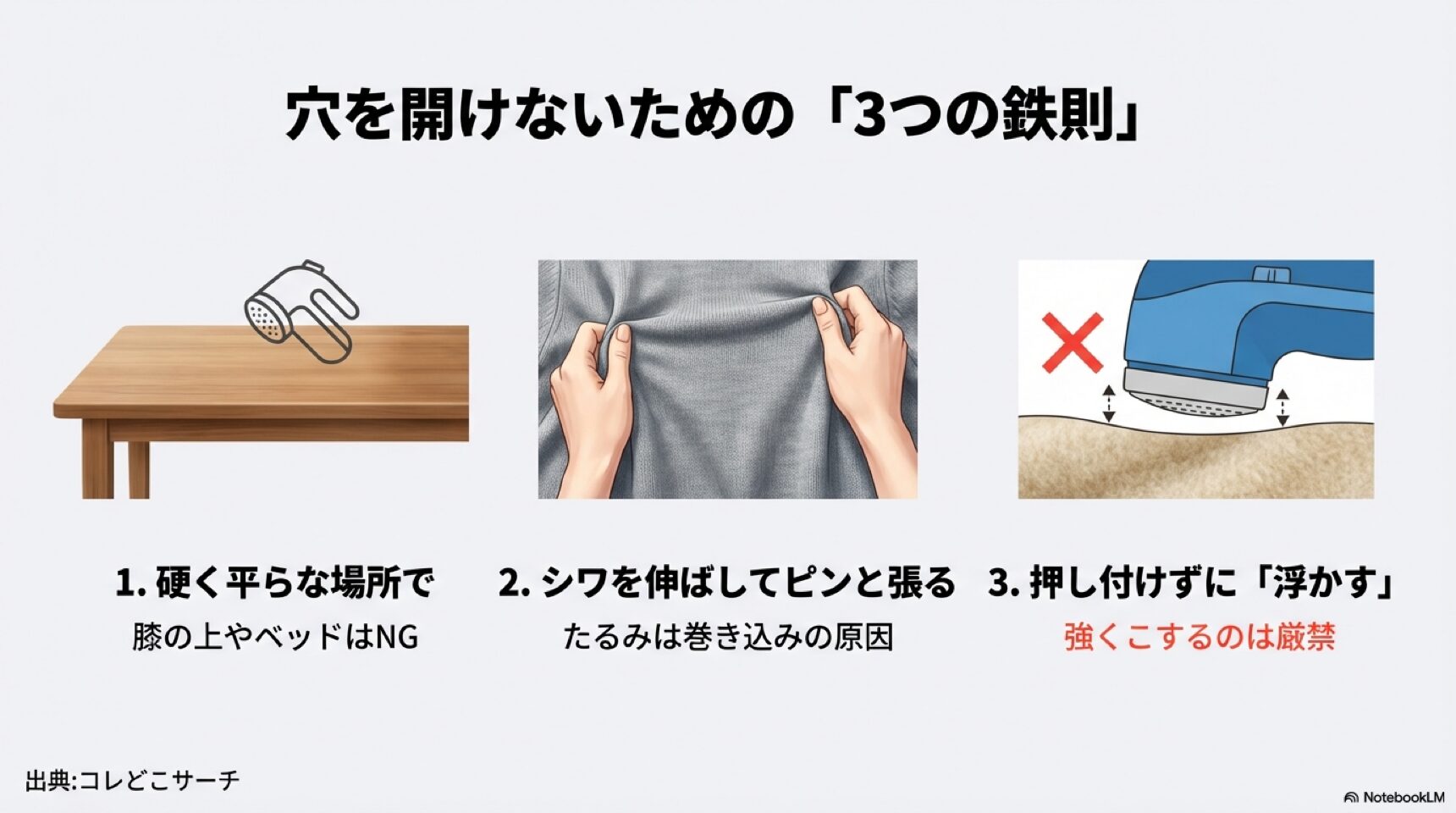 穴を開けないための3つの鉄則：1.硬く平らな場所で行う、2.シワを伸ばしてピンと張る、3.押し付けずに浮かす